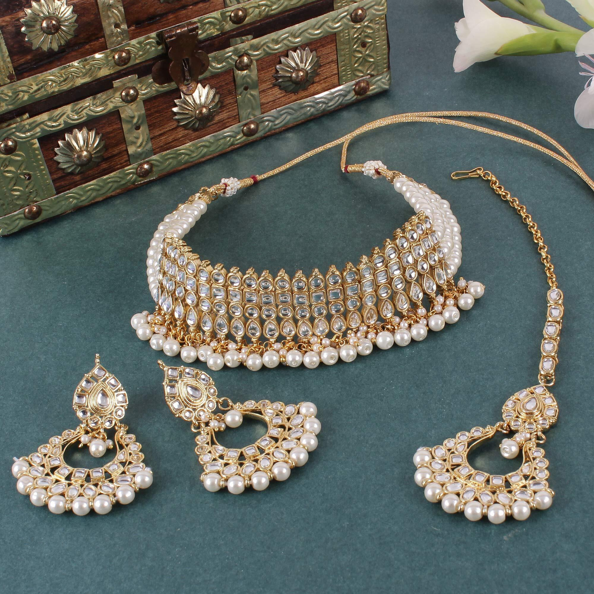 Shining Diva Fashion Latest Kundan Design Pearl Choker Necklace Set for Women Wedding Traditional Jewellery Set for Women (White) (sd10149s)