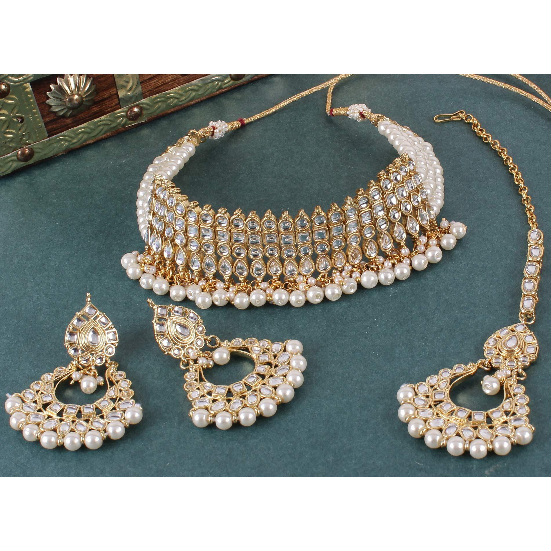 Shining Diva Fashion Latest Kundan Design Pearl Choker Necklace Set for Women Wedding Traditional Jewellery Set for Women (White) (sd10149s)