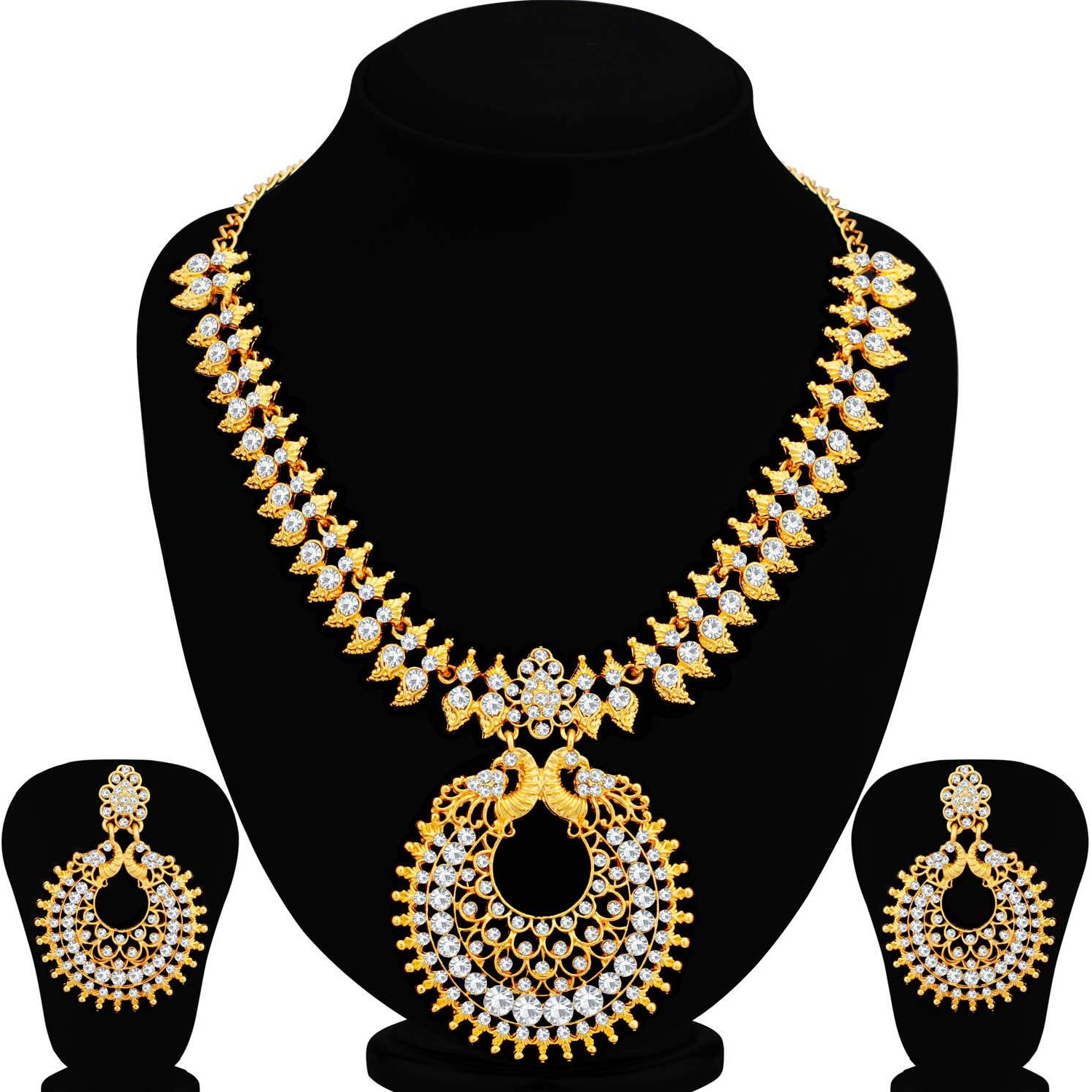 Sukkhi Ethnic Gold Plated Wedding Jewellery Austrian Diamond Peacock Necklace Set for Women (N79642_D1)