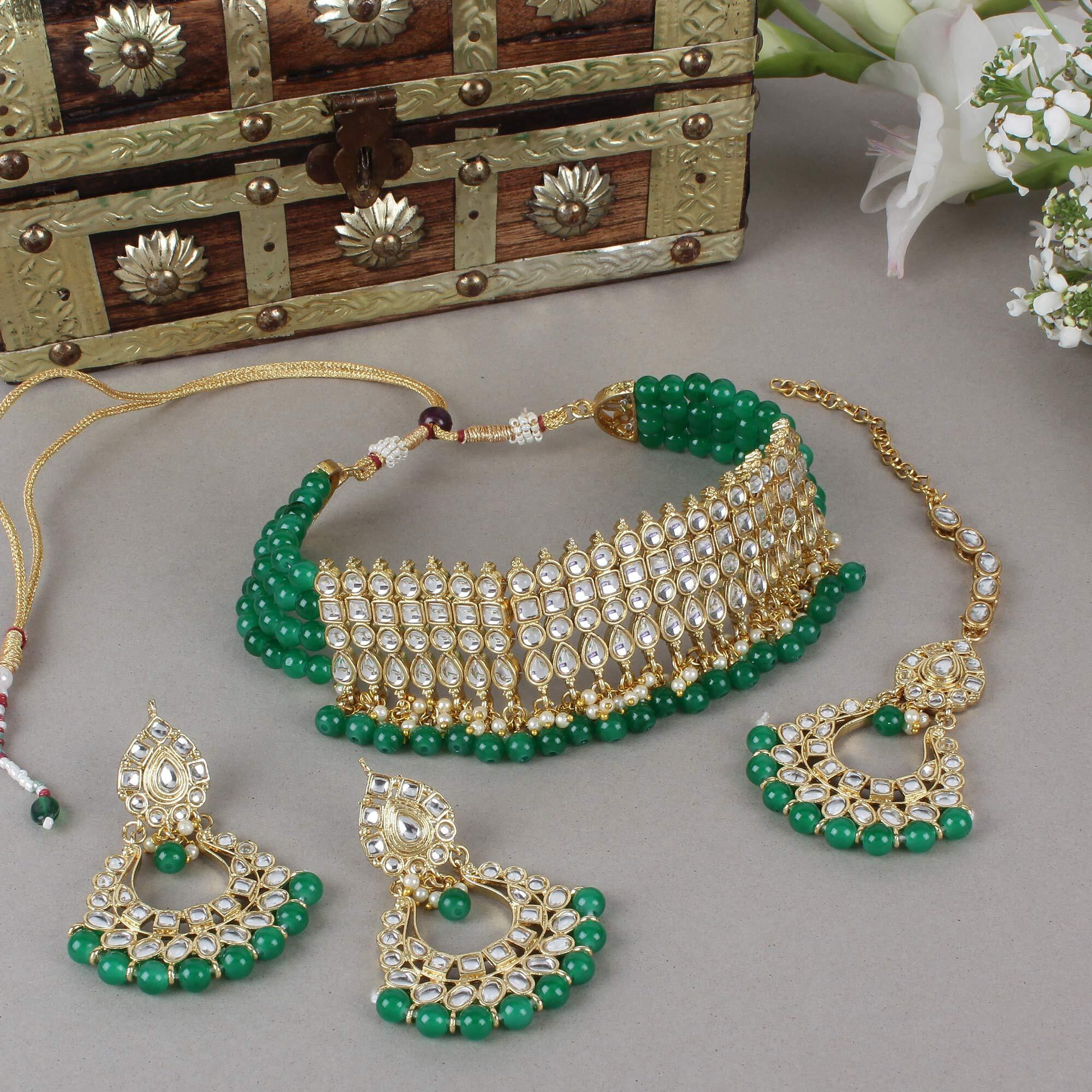 Shining Diva Fashion Latest Kundan Design Choker Necklace Set for Women Wedding Traditional Gold Plated Jewellery Set for Women (Green) (10150s)