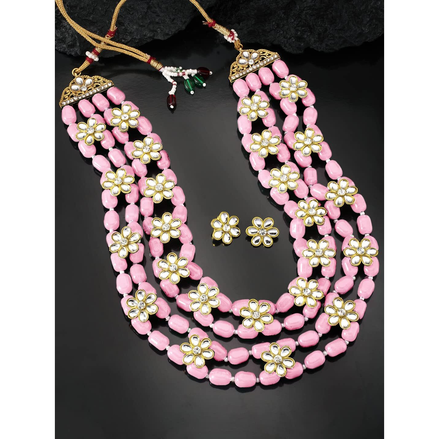 Peora Ethnic Beads & Kundan Studded Four Layered Necklace & Stud Earring Fashion Jewellery Set Gift for Women & Girls (Pink)