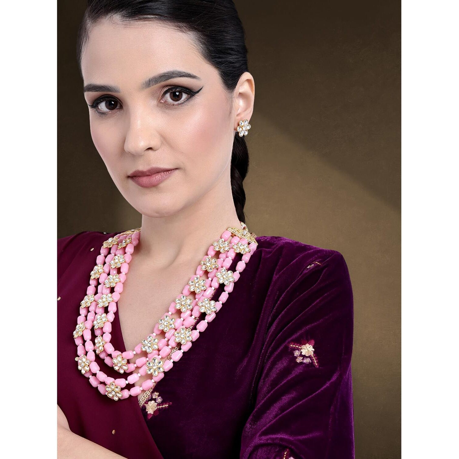 Peora Ethnic Beads & Kundan Studded Four Layered Necklace & Stud Earring Fashion Jewellery Set Gift for Women & Girls (Pink)