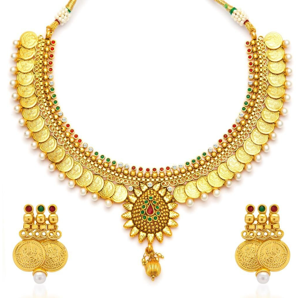 Sukkhi Eye-Catchy Gold Plated Temple Jewellery Coin Necklace Set for Women