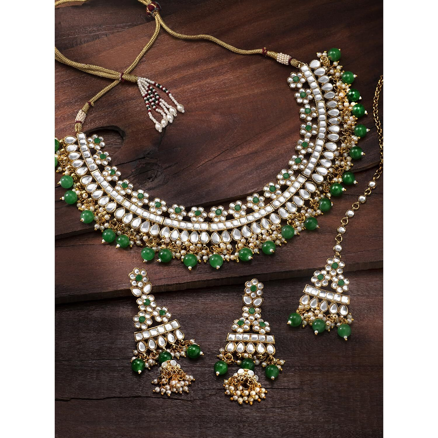 Peora Gold Plated Bridal Kundan Green Faux Pearl Choker Necklace with Earrings Maang Tikka for Women Indian Traditional Jewellery set