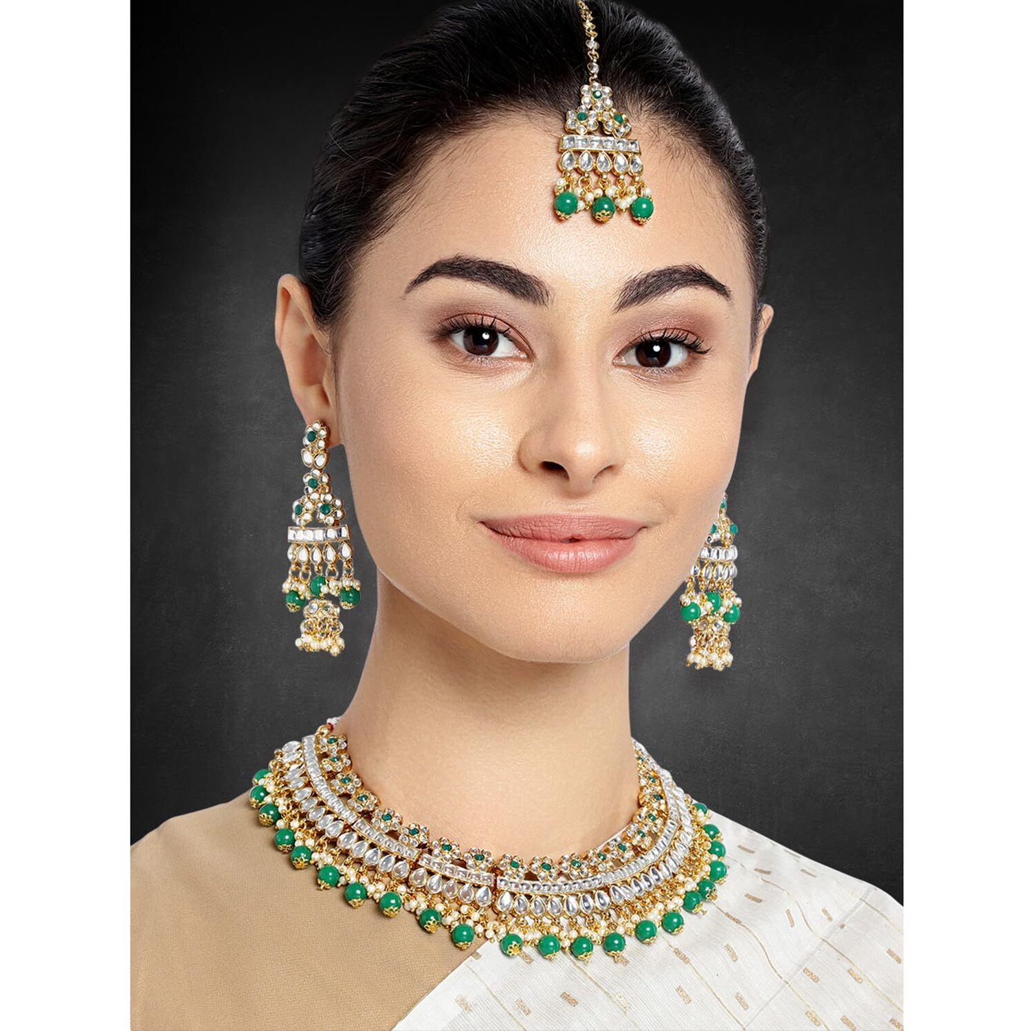 Peora Gold Plated Bridal Kundan Green Faux Pearl Choker Necklace with Earrings Maang Tikka for Women Indian Traditional Jewellery set