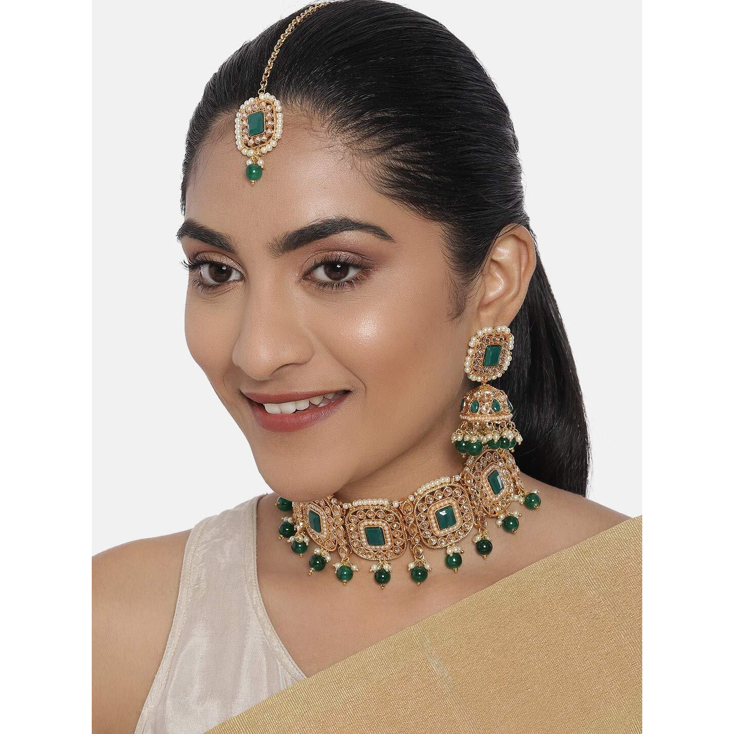 ZAVERI PEARLS Green Stones & Beads Wedding Collection Necklace Earring & Maangtikka Set For Women-ZPFK10167