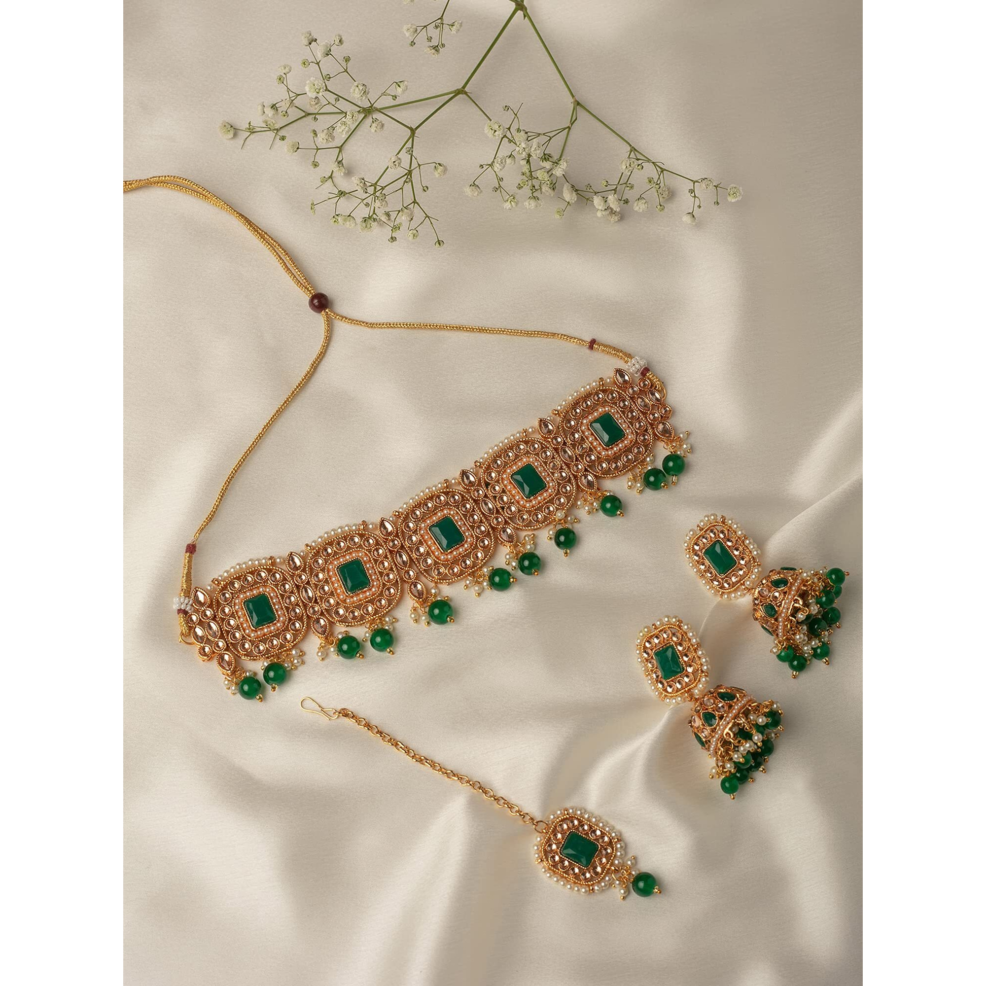 ZAVERI PEARLS Green Stones & Beads Wedding Collection Necklace Earring & Maangtikka Set For Women-ZPFK10167