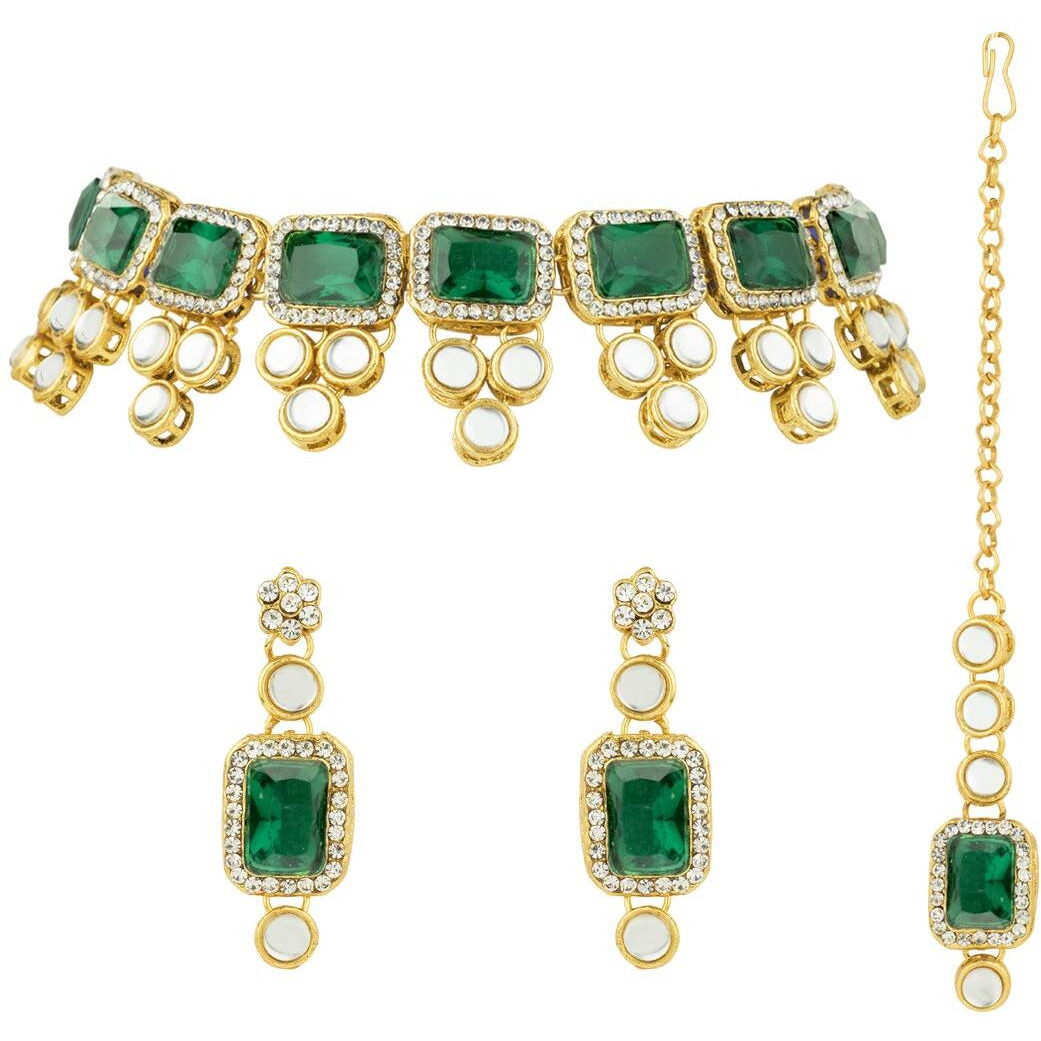 Peora 18K Gold Plated Kundan Green Crystal Necklace Earring Maang Tikka Traditional Jewellery Set for Women Girls