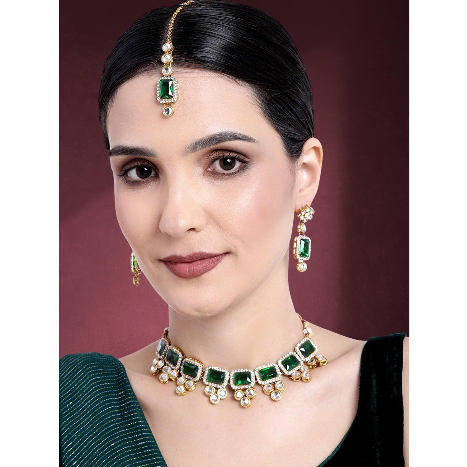 Peora 18K Gold Plated Kundan Green Crystal Necklace Earring Maang Tikka Traditional Jewellery Set for Women Girls