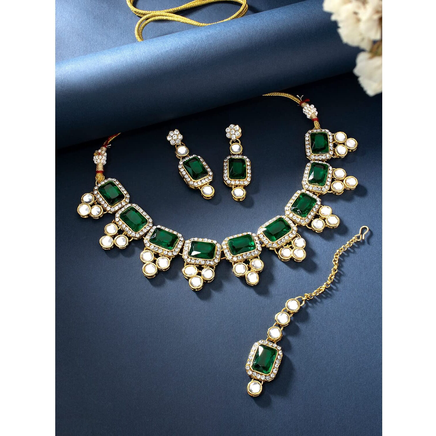 Peora 18K Gold Plated Kundan Green Crystal Necklace Earring Maang Tikka Traditional Jewellery Set for Women Girls