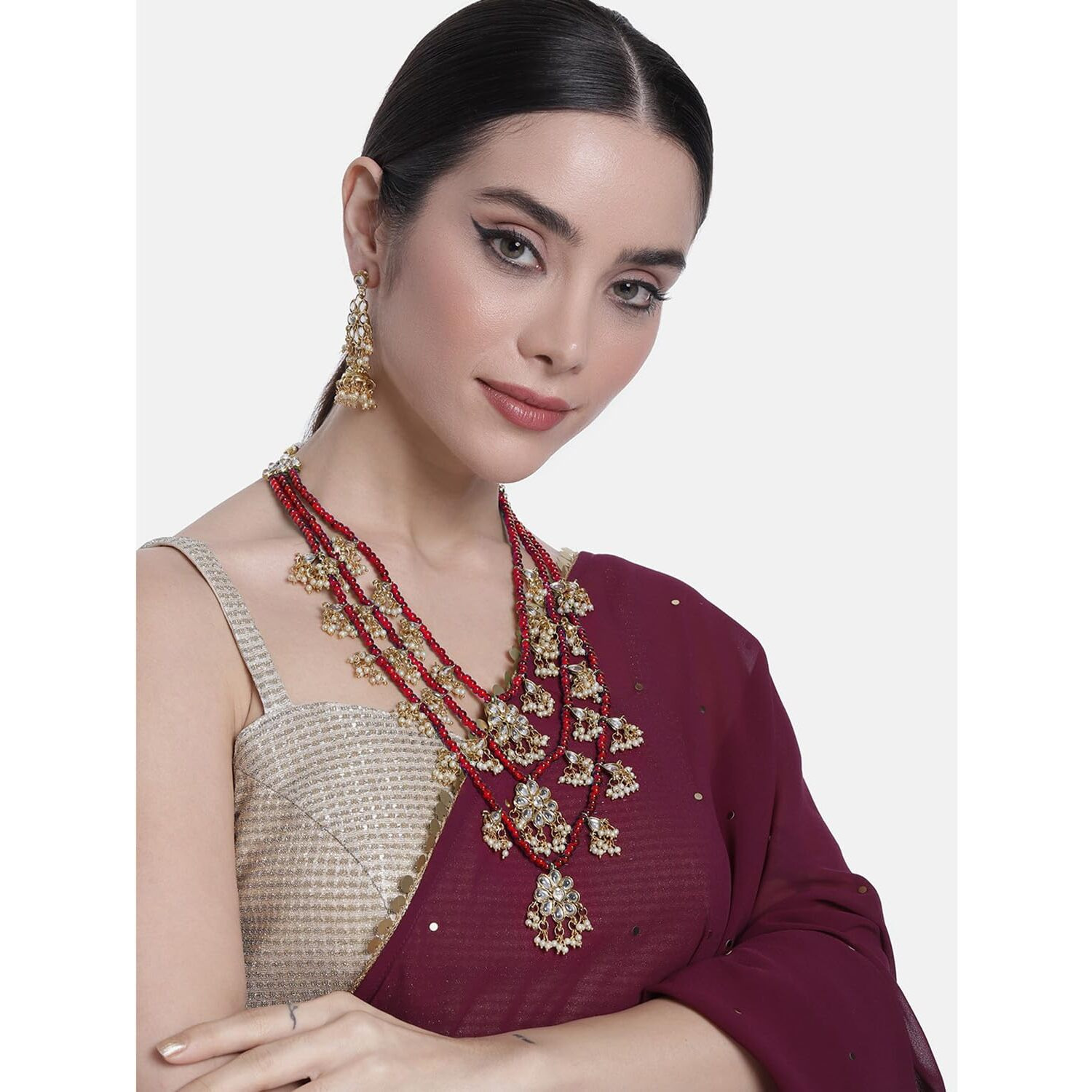 Peora Traditional Jewellery Floral Kundan Layered Necklace Earrings Jewellery Set for Women Girls