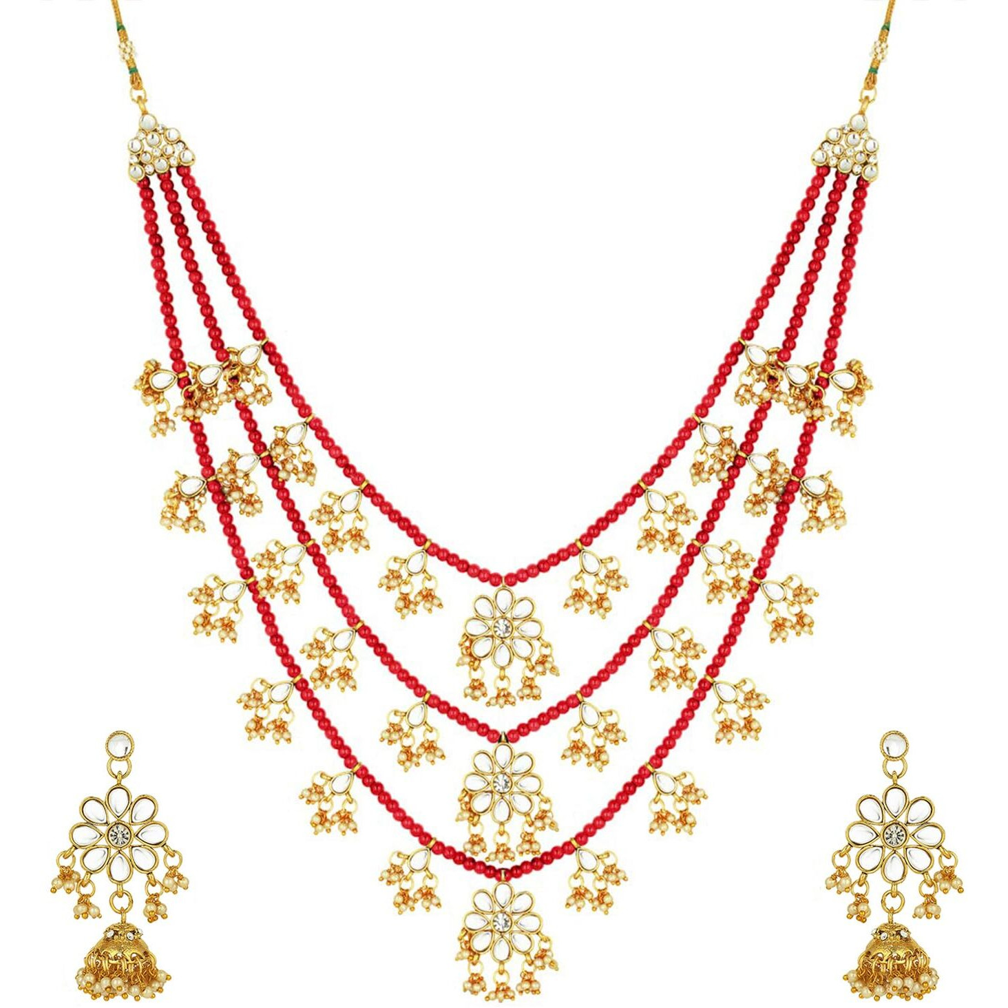 Peora Traditional Jewellery Floral Kundan Layered Necklace Earrings Jewellery Set for Women Girls