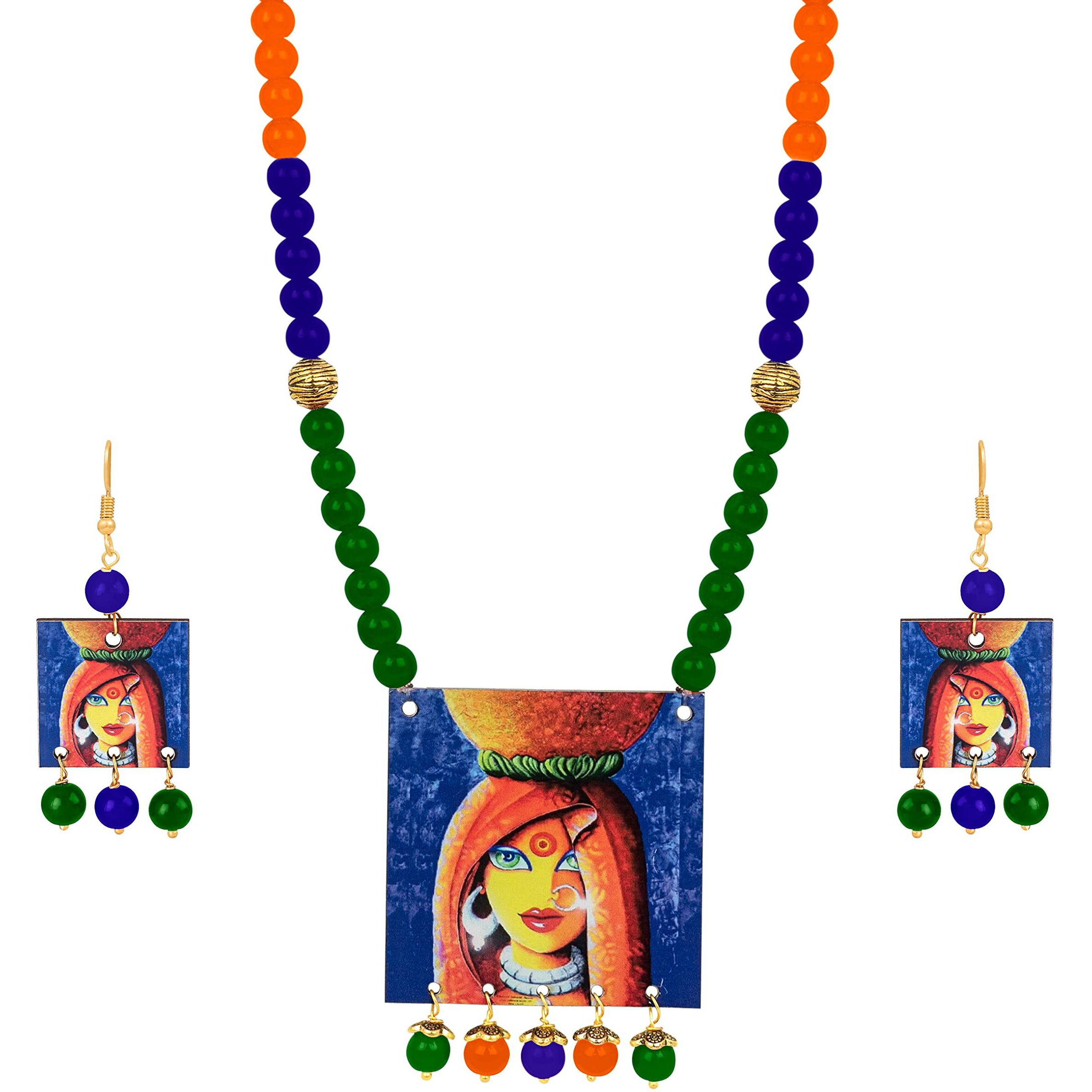 JFL - Jewellery for Less Handcrafted Village Women Painting Print Beaded Designer Necklace Set for Women and Girls (Green, Navy Blue & Orange),Valentine