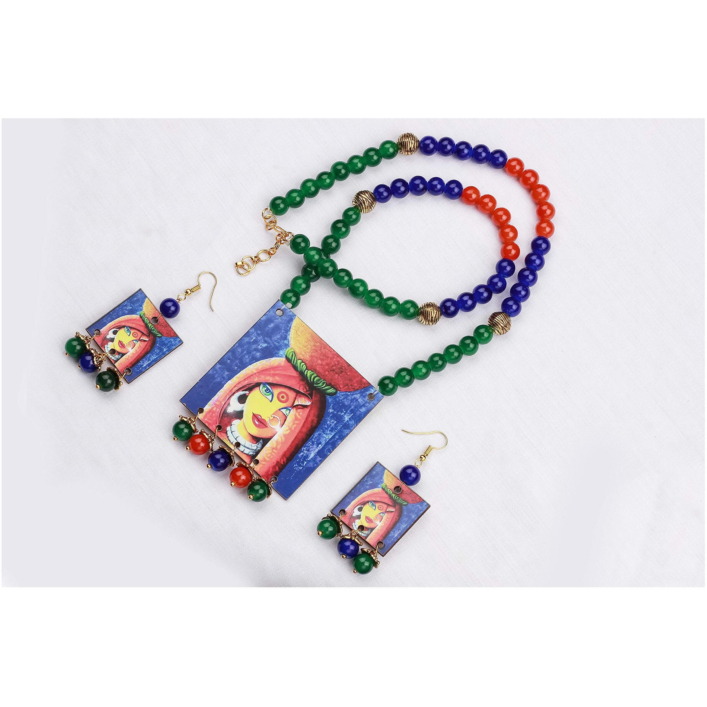 JFL - Jewellery for Less Handcrafted Village Women Painting Print Beaded Designer Necklace Set for Women and Girls (Green, Navy Blue & Orange),Valentine