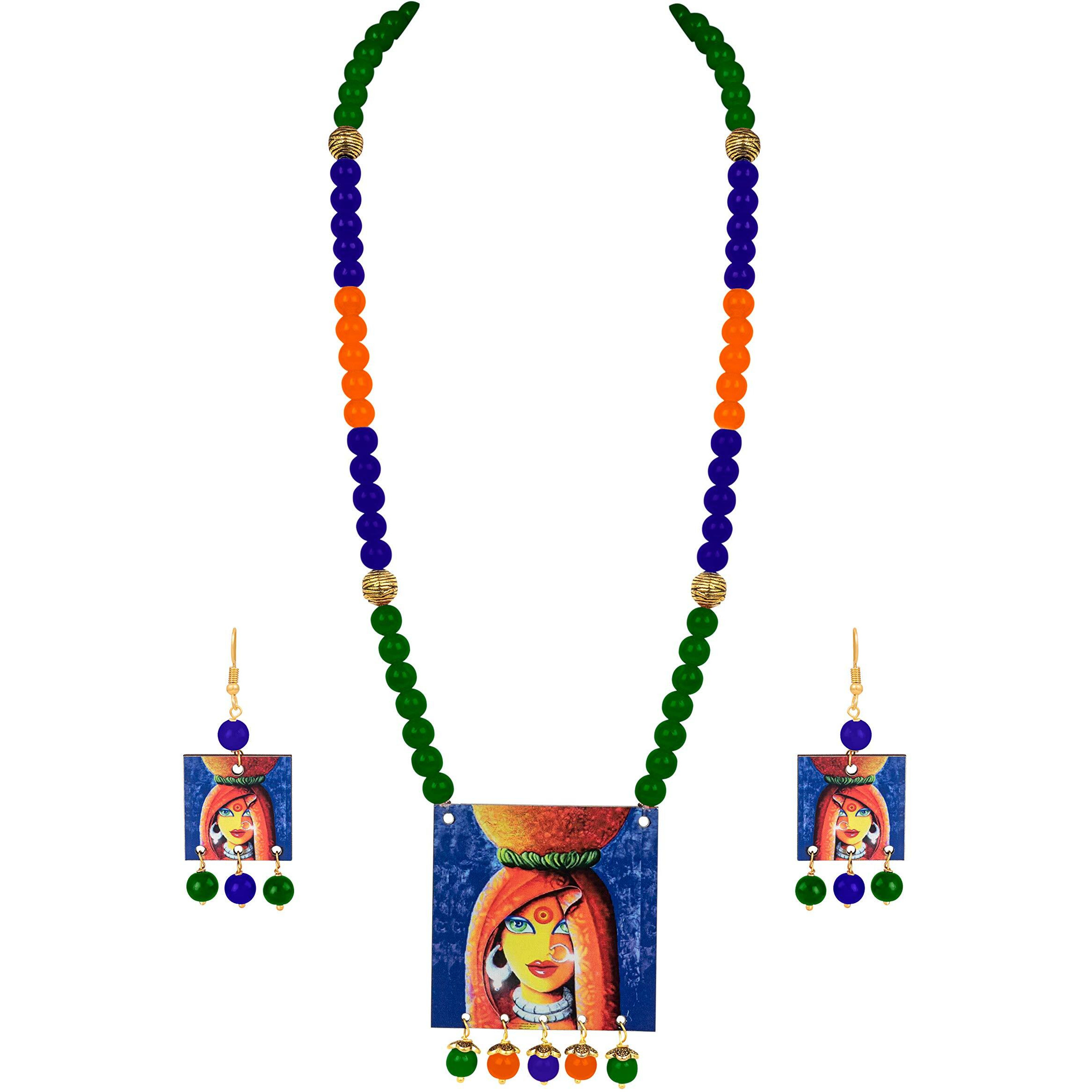 JFL - Jewellery for Less Handcrafted Village Women Painting Print Beaded Designer Necklace Set for Women and Girls (Green, Navy Blue & Orange),Valentine