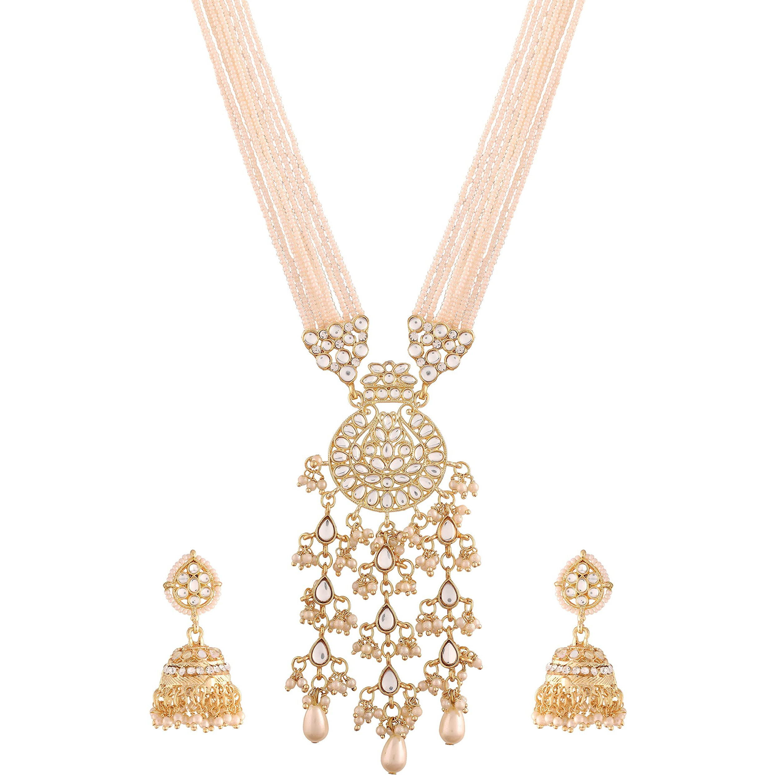 I Jewels 18k Gold Plated Ethnic Kundan Pearl Studded Long Necklace Set For Women (ML296W)