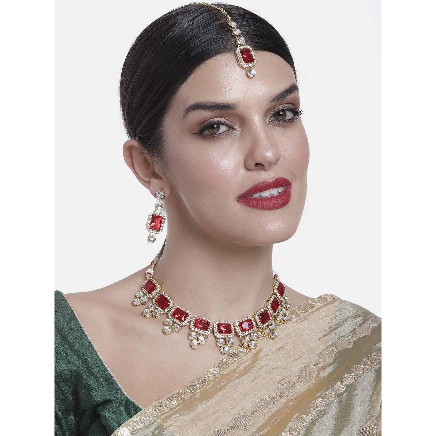 Peora 18K Gold Plated Kundan Red Crystal Necklace Earring Maang Tikka Traditional Jewellery Set for Women Girls