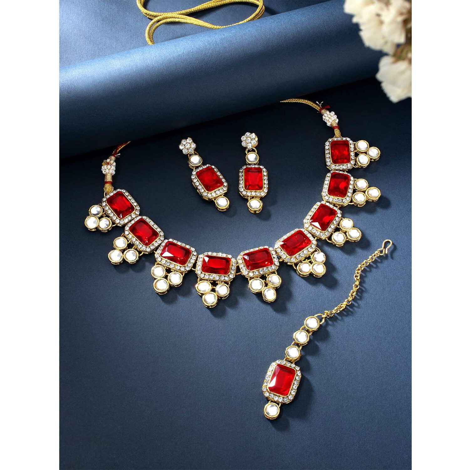 Peora 18K Gold Plated Kundan Red Crystal Necklace Earring Maang Tikka Traditional Jewellery Set for Women Girls