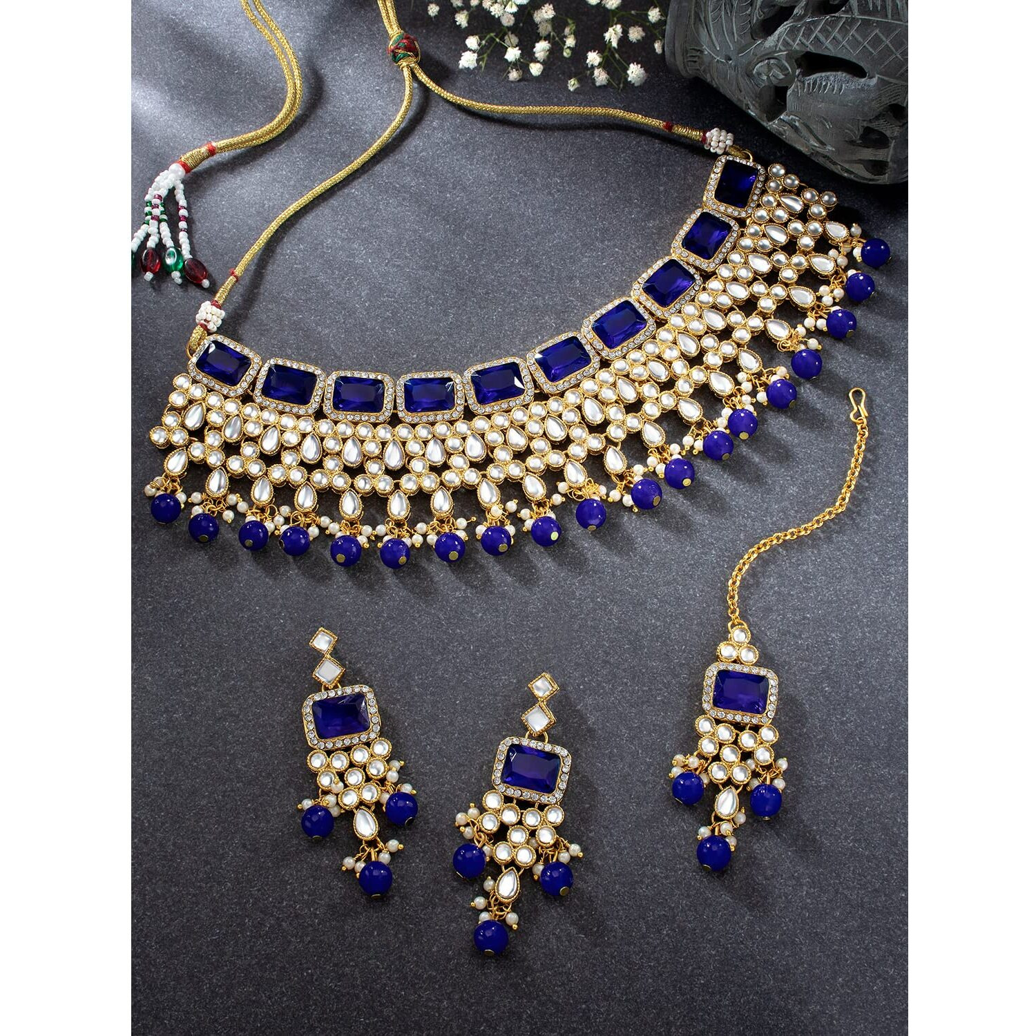 Peora Traditional Crystal Choker Necklace Earring Maang Tikka Jewellery Set for Women