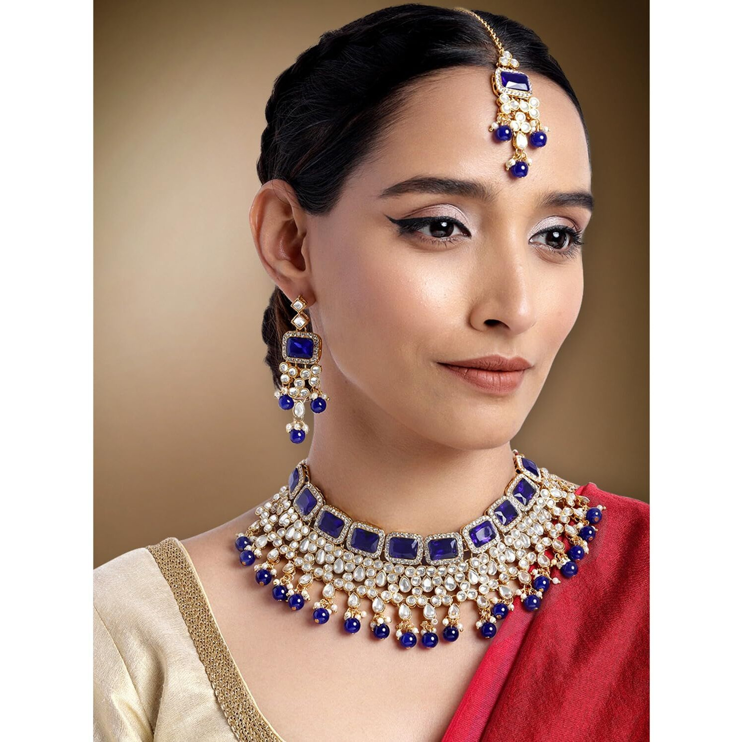 Peora Traditional Crystal Choker Necklace Earring Maang Tikka Jewellery Set for Women