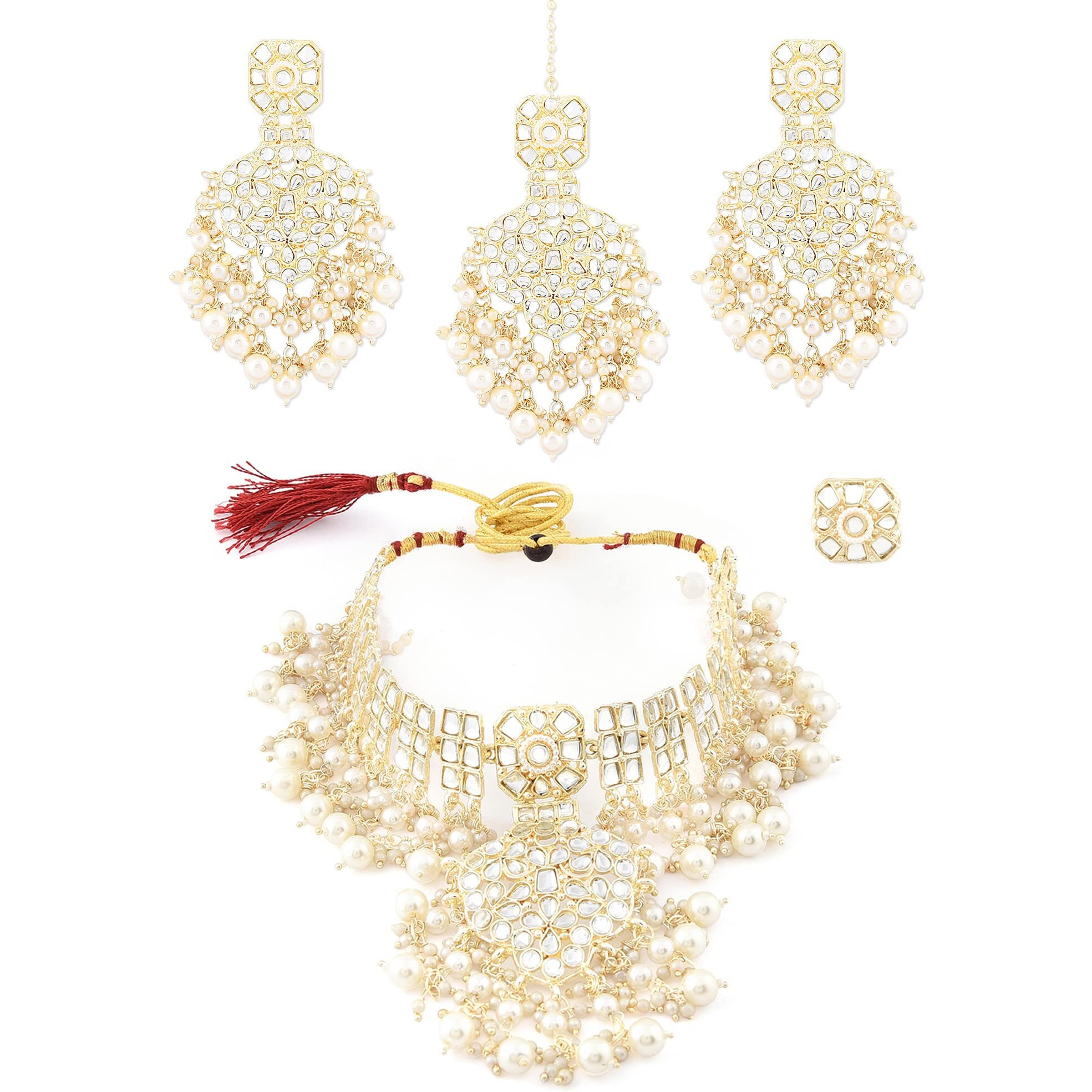 ZAVERI PEARLS Gold Tone Kundan & Pearls Choker Necklace Earring Maangtikka & Ring Set For Women-ZPFK12127