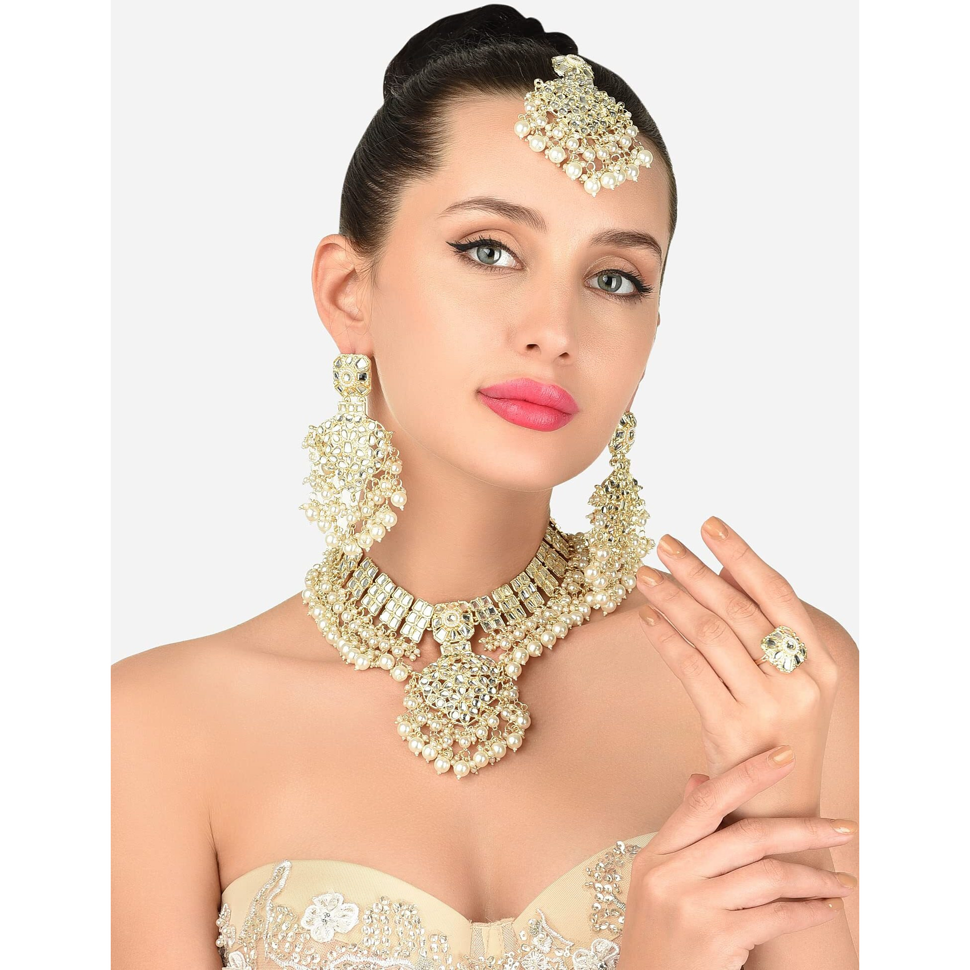 ZAVERI PEARLS Gold Tone Kundan & Pearls Choker Necklace Earring Maangtikka & Ring Set For Women-ZPFK12127