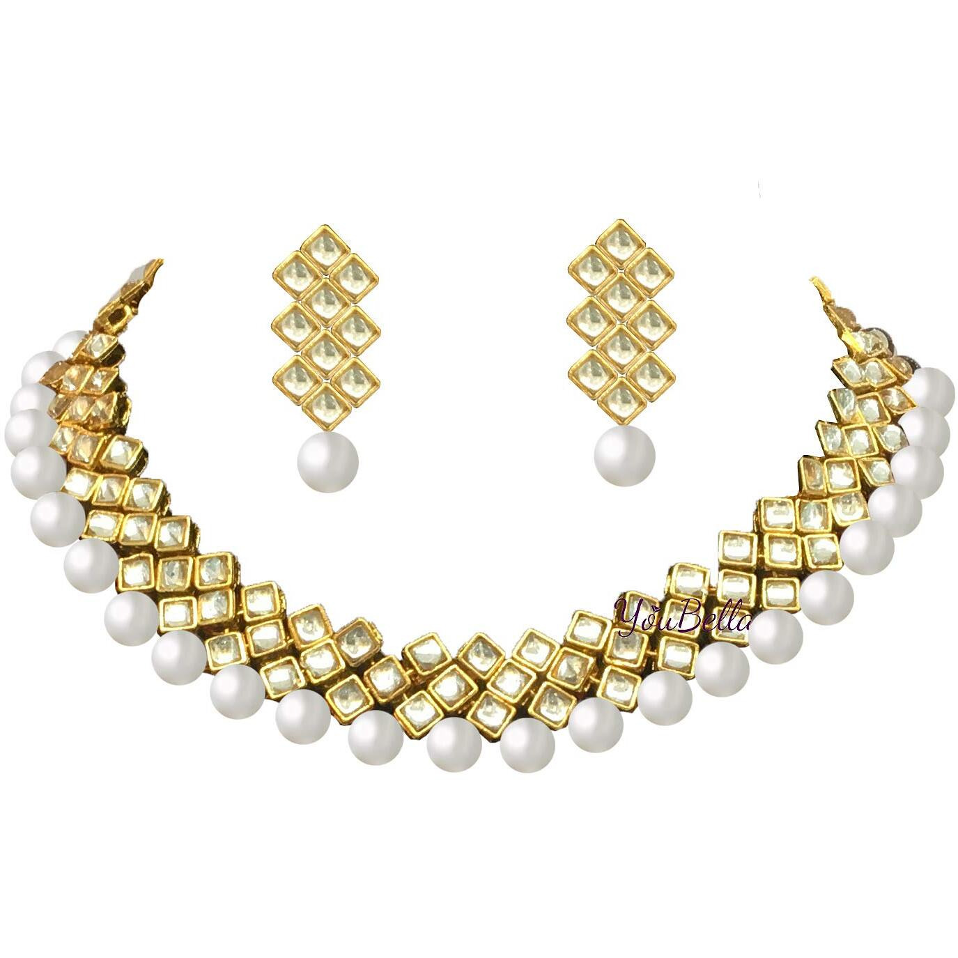 YouBella Jewellery Sets for Women Gold Plated Kundan Necklace Jewellery Set with Earrings for Girls/Wome (White)