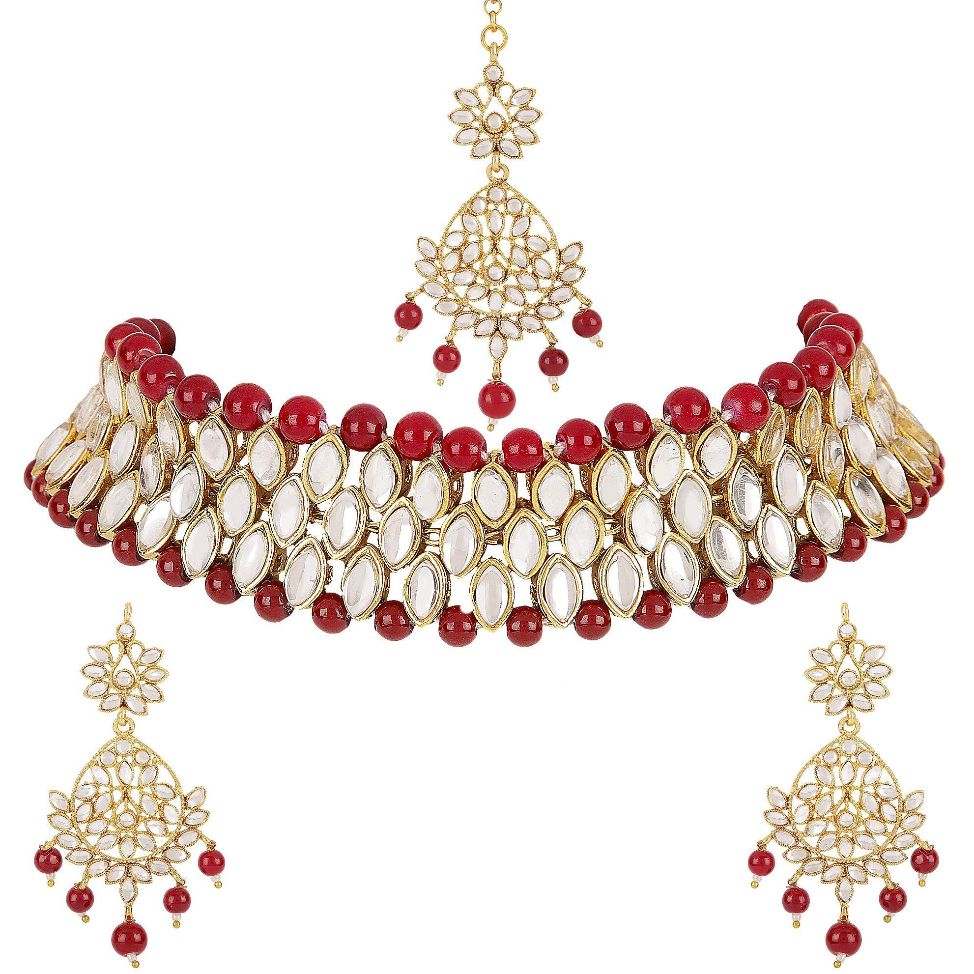 Shining Diva Latest Choker Design Traditional Kundan Earrings Maang Tikka Necklace Jewellery Set for Women (Red) (11297s)