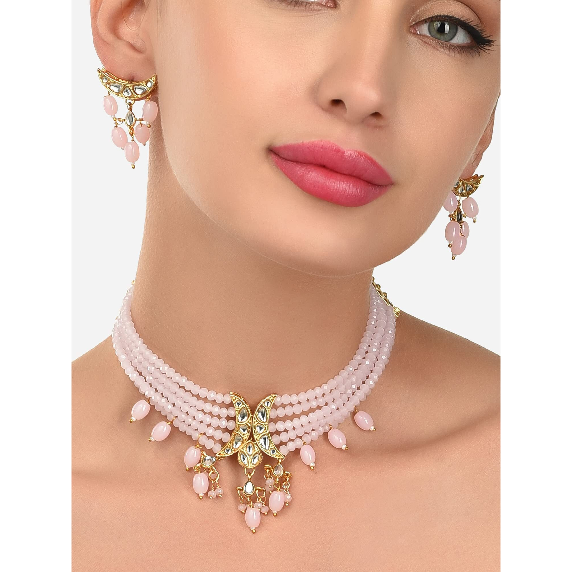 ZAVERI PEARLS Pink Dazzling Crystal Beads Multistrand Kundan Choker Necklace & Earring Set For Women-ZPFK12135