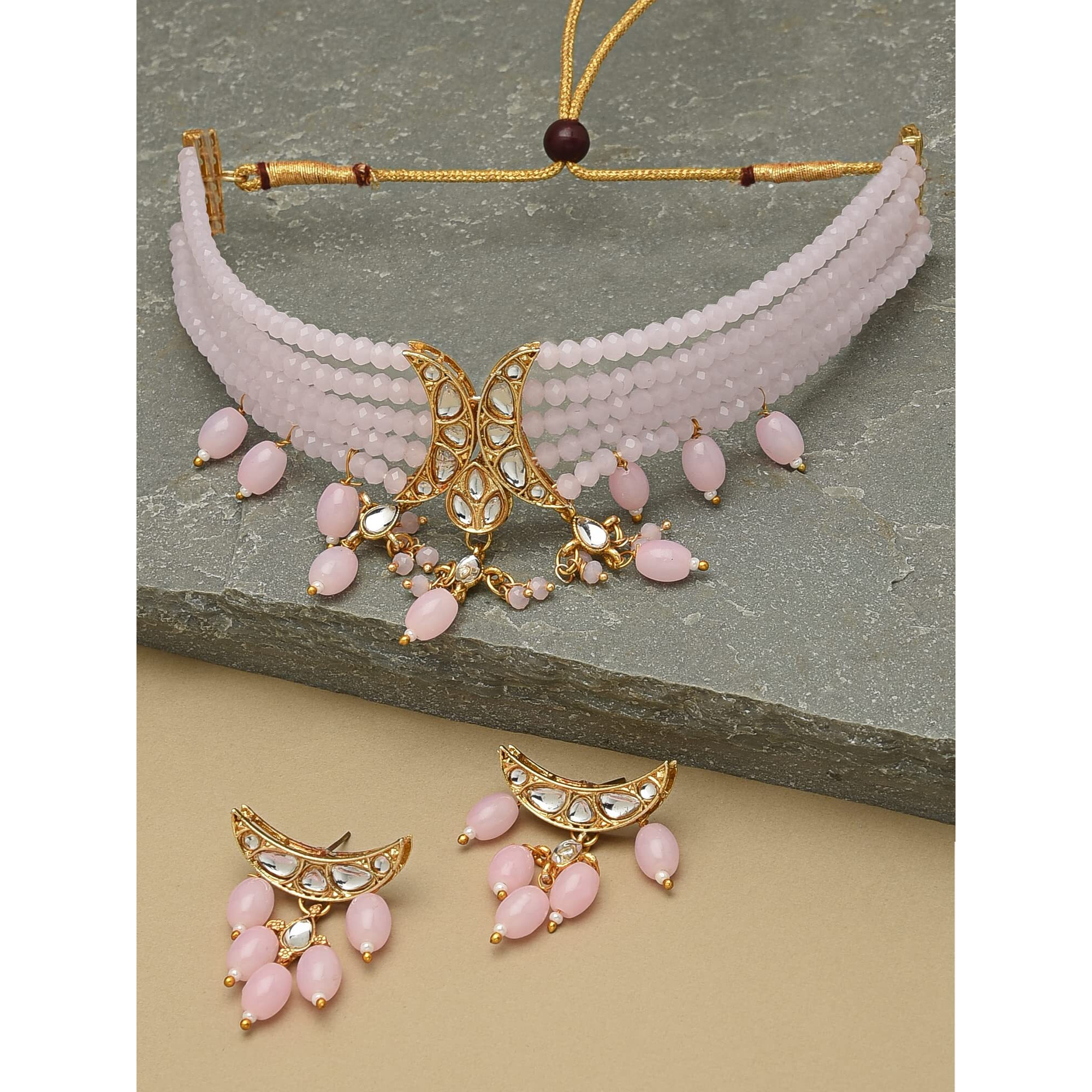 ZAVERI PEARLS Pink Dazzling Crystal Beads Multistrand Kundan Choker Necklace & Earring Set For Women-ZPFK12135