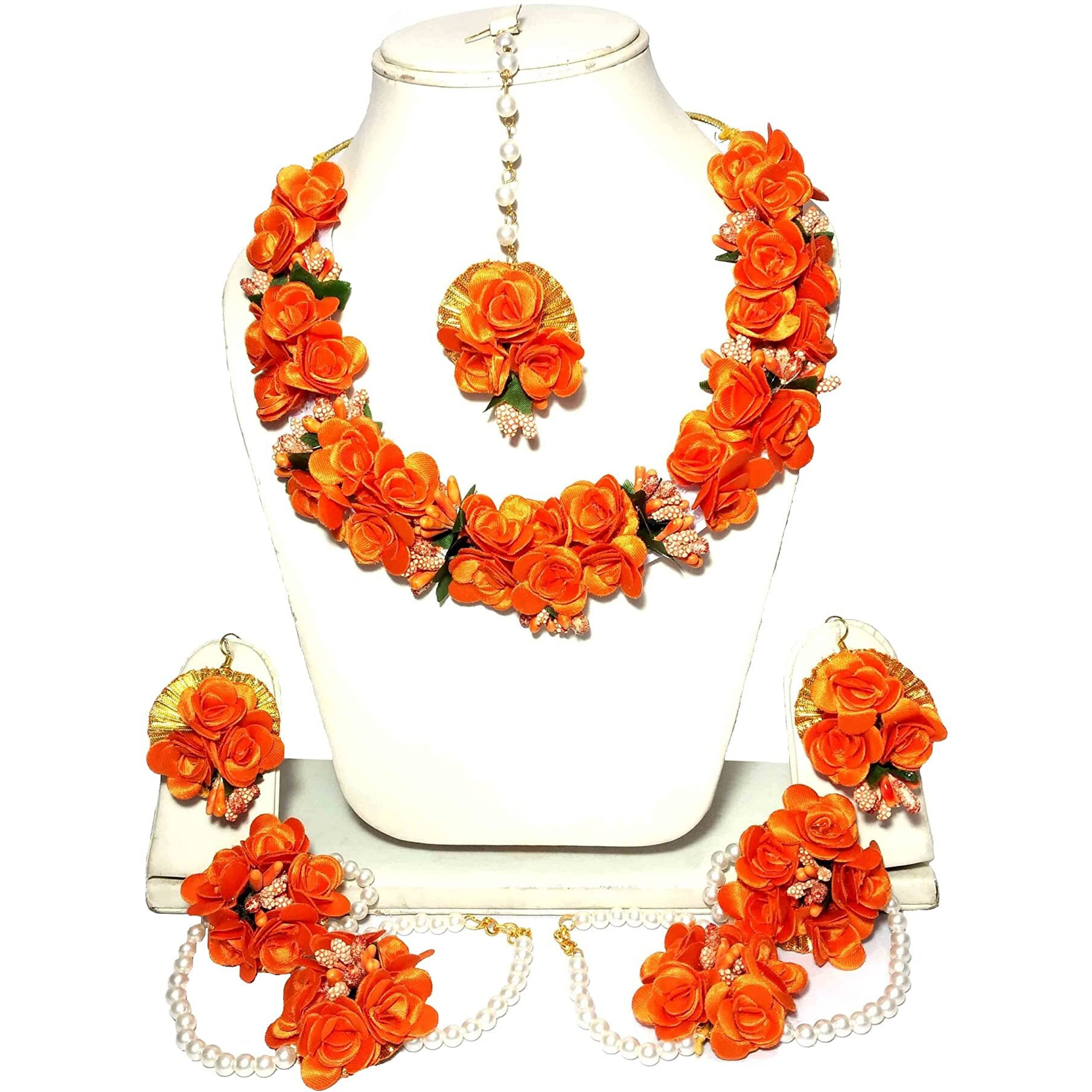 Pinoozclub Orange Fabric Flower Jewellery for Women and Gilrs | Bride Jewellery Set | Necklace | Earring | Maangtika | Hathfool | Pack of 1