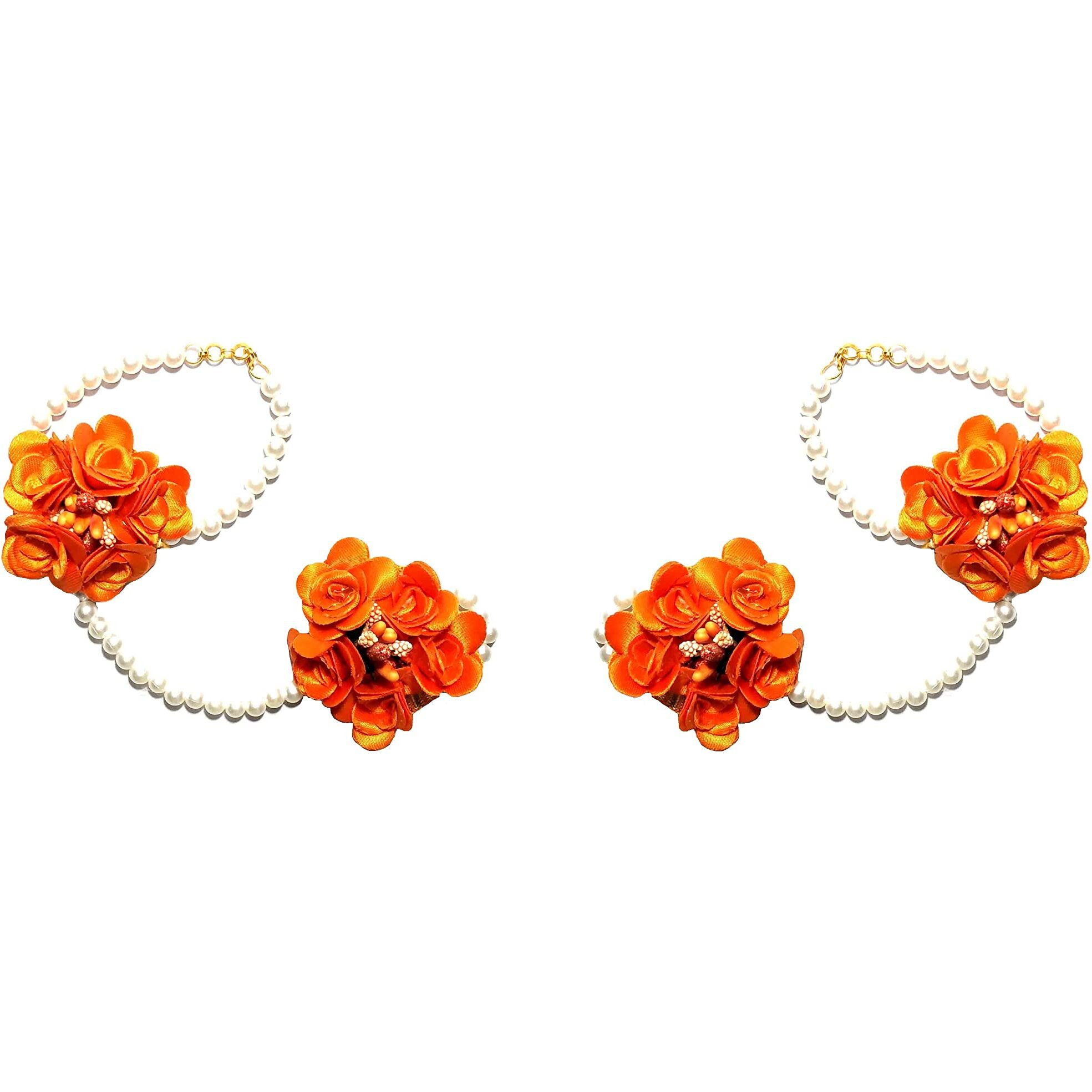 Pinoozclub Orange Fabric Flower Jewellery for Women and Gilrs | Bride Jewellery Set | Necklace | Earring | Maangtika | Hathfool | Pack of 1