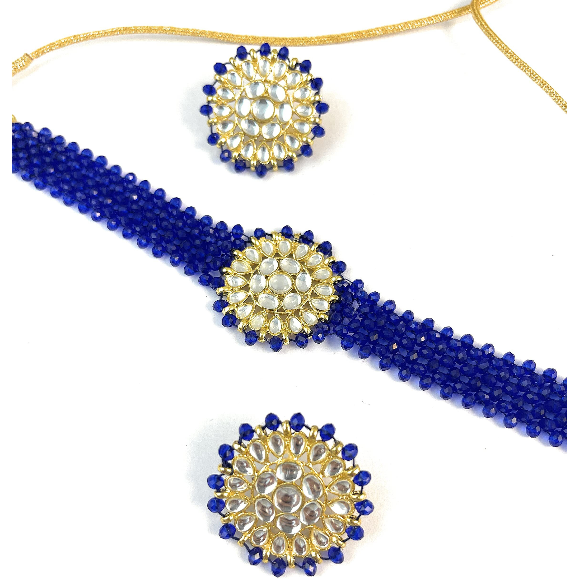 Karatcart Blue Crystal Kundan Choker Necklace with Stud Earrings