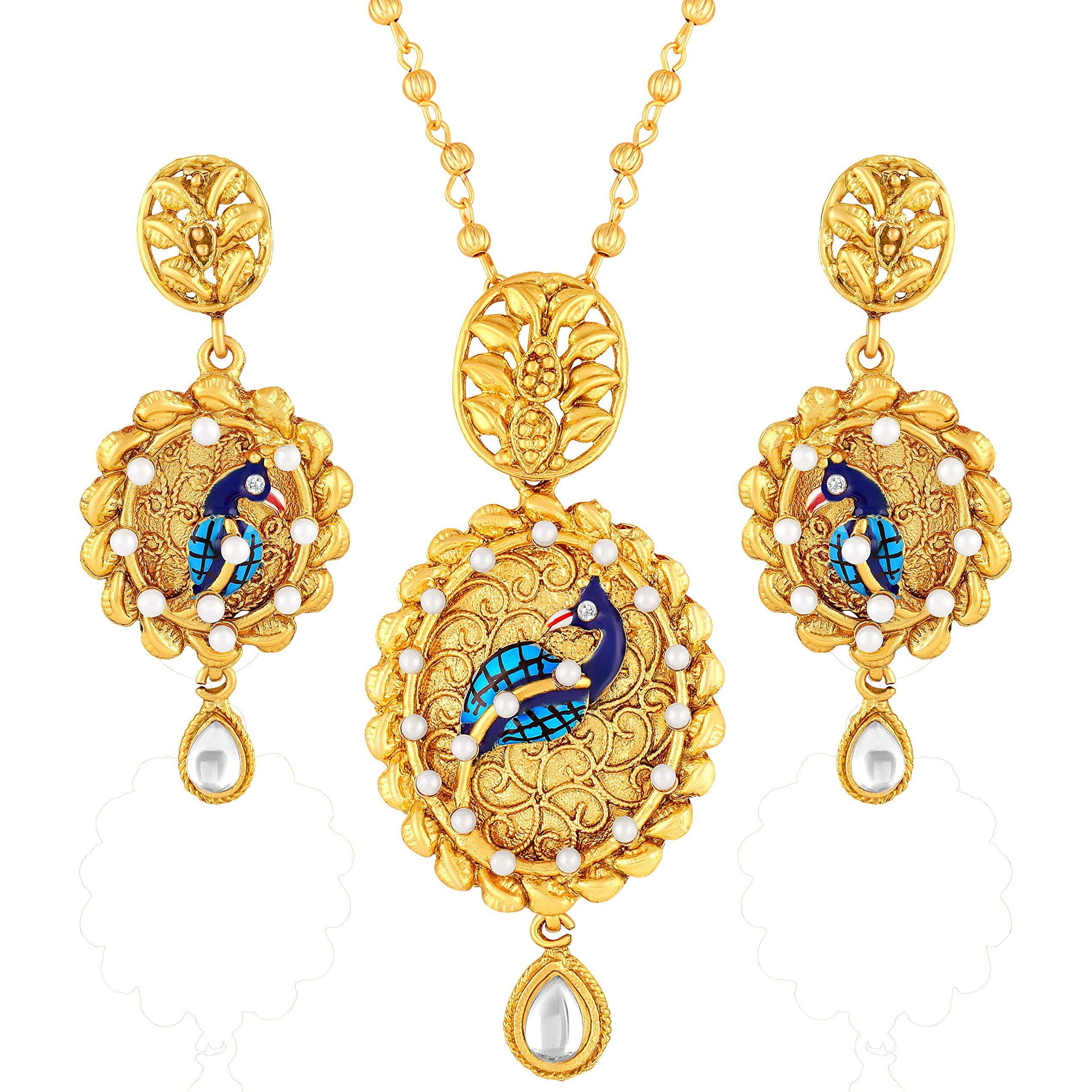 ASMITTA Peacock Inspired Enamel Gold toned Fashion Jewellery Pendant Set with Earrings for Women & Girls