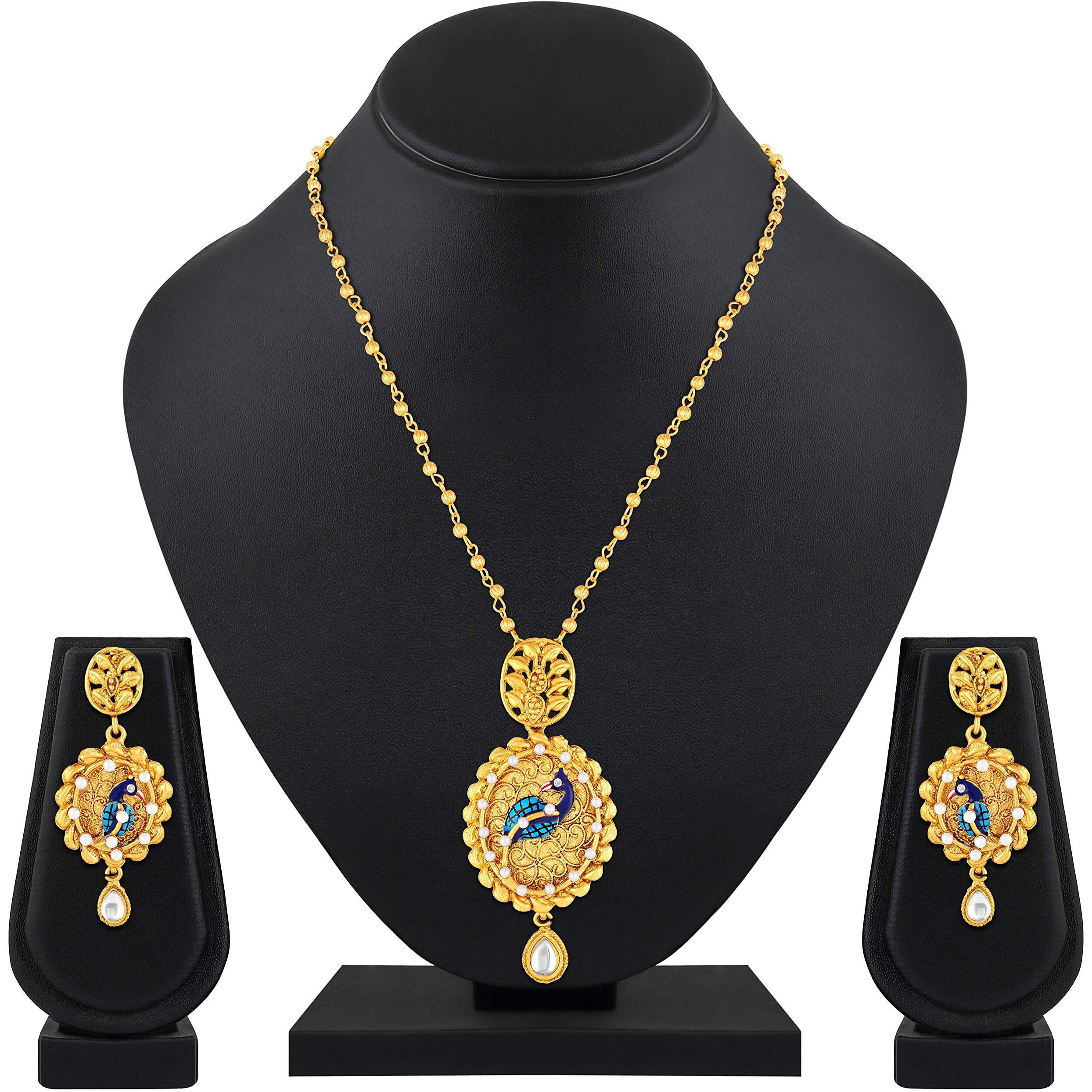 ASMITTA Peacock Inspired Enamel Gold toned Fashion Jewellery Pendant Set with Earrings for Women & Girls