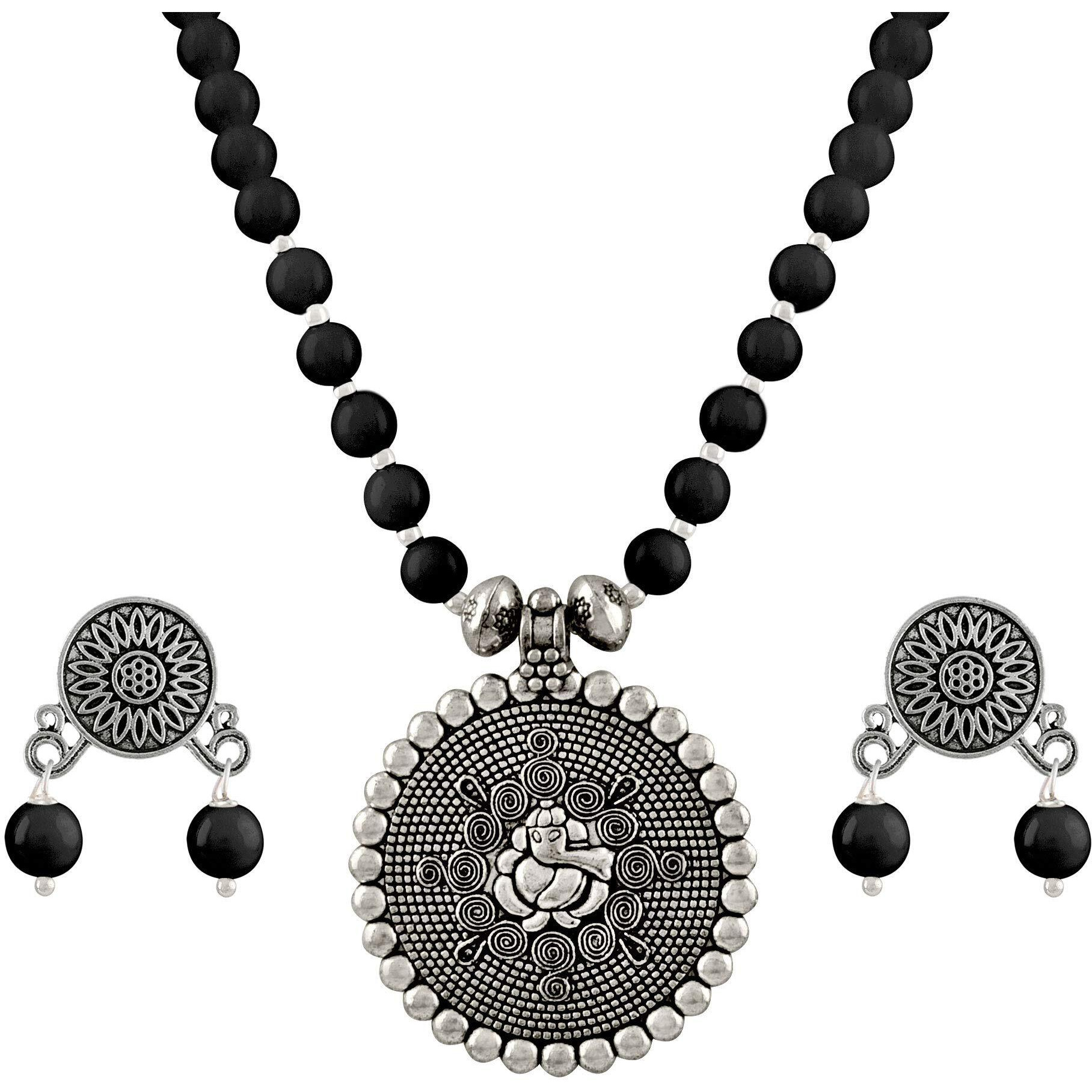 JFL - Jewellery for Less Bead Necklace Silver Plated Ganesha Pendant Set For Women,Valentine