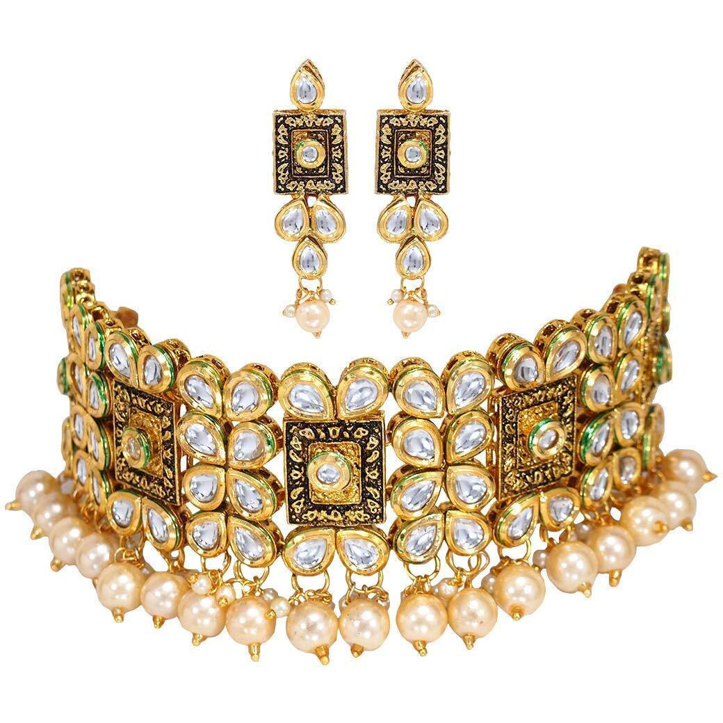 I Jewels 18K Gold Plated Traditional Handcrafted Choker Necklace Jewellery Set Encased With Faux Stone Studded & Pearl For Women/Girls (K7082FL)