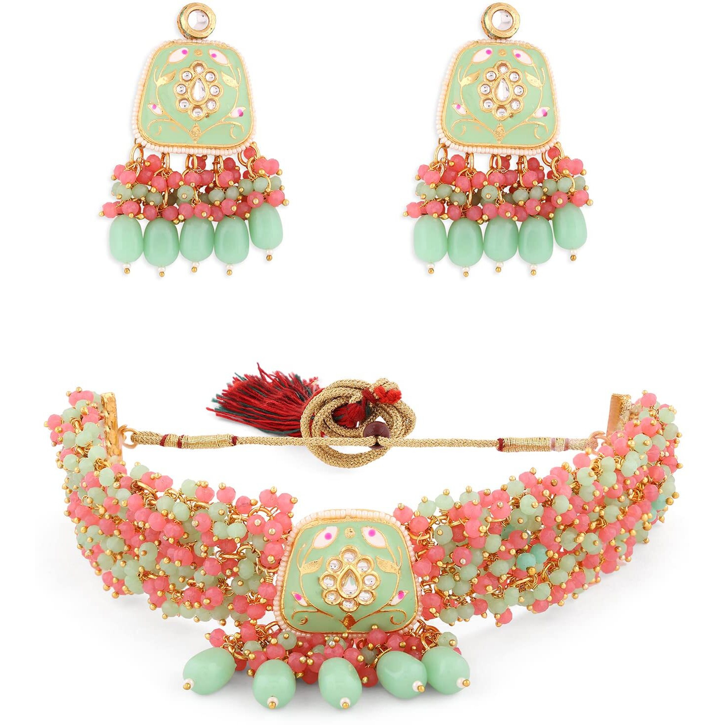 ZAVERI PEARLS Pink & Green Multistrand Cluster Crystals Beaded Meenakari Choker Necklace & Earring Set For Women-ZPFK14656