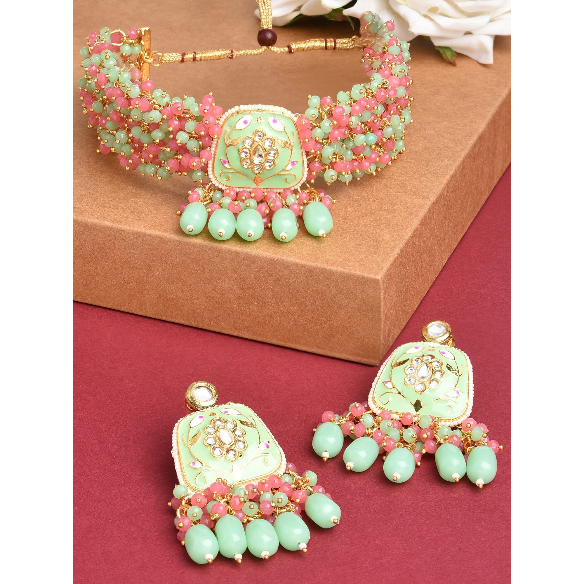 ZAVERI PEARLS Pink & Green Multistrand Cluster Crystals Beaded Meenakari Choker Necklace & Earring Set For Women-ZPFK14656