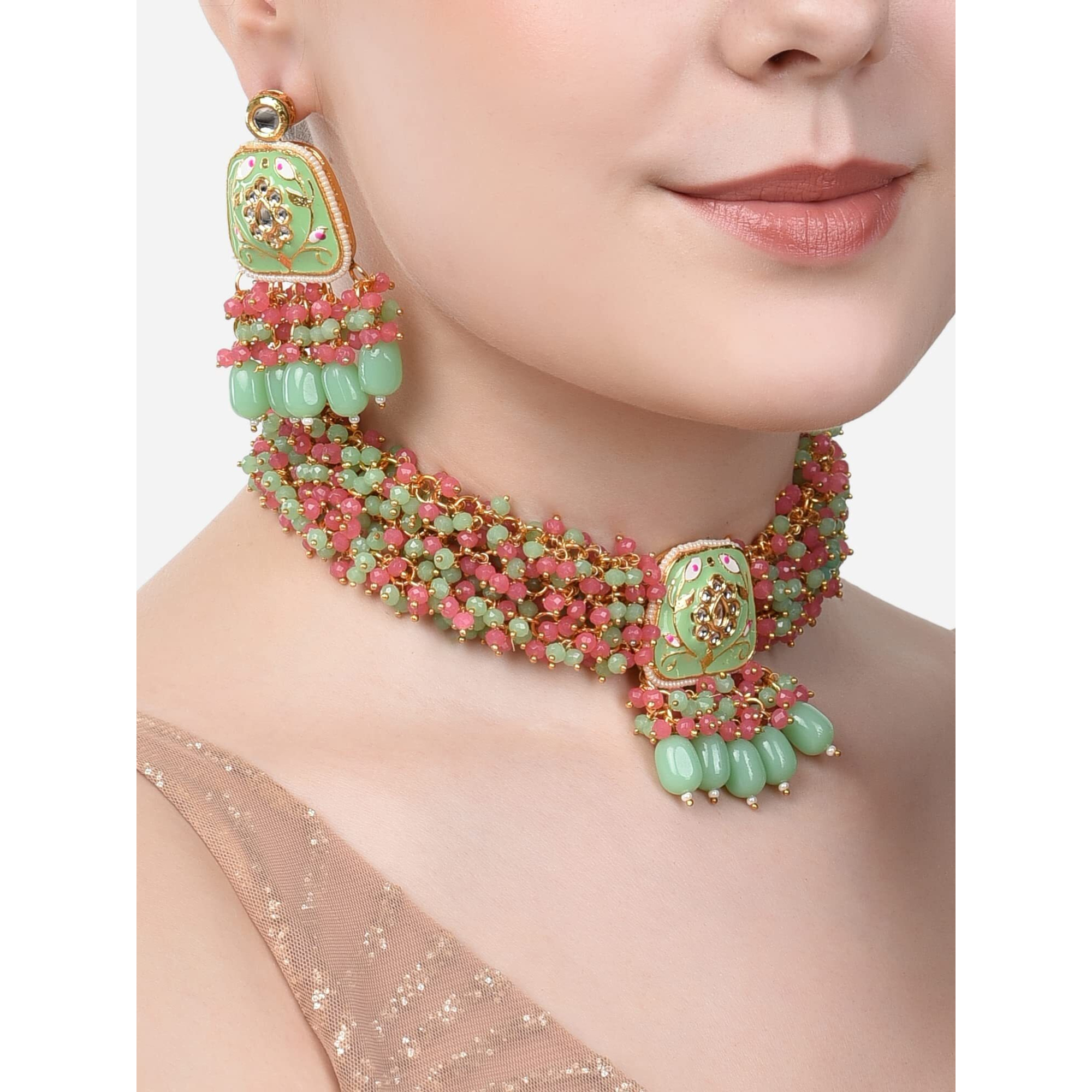 ZAVERI PEARLS Pink & Green Multistrand Cluster Crystals Beaded Meenakari Choker Necklace & Earring Set For Women-ZPFK14656