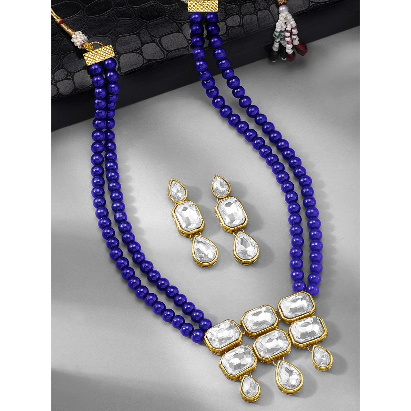 Peora Gold Plated Crystal Faux Pearls Necklace with Drop Earrings Jewellery Set for Girls & Women (Blue)