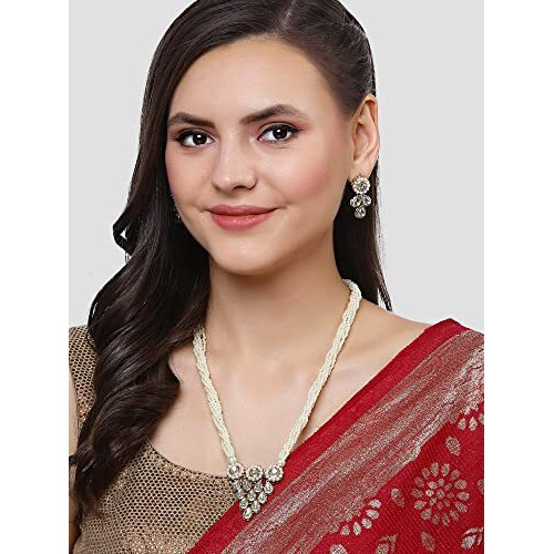 Karatcart Gold Plated White Beaded Long Necklace Set for Women