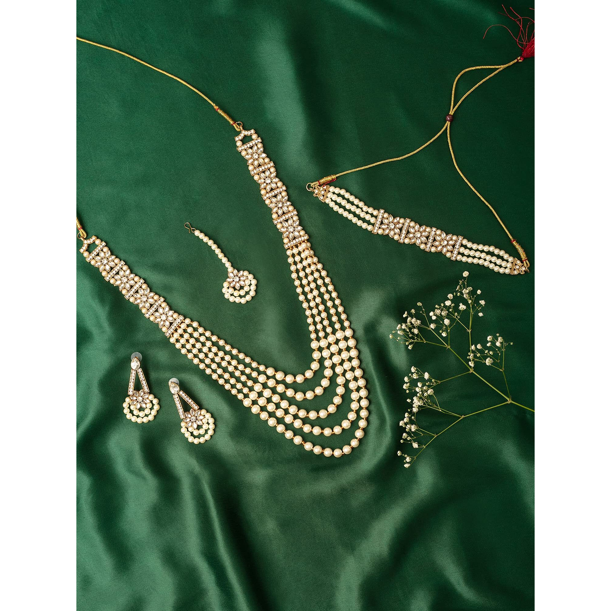 ZAVERI PEARLS Gold Tone Multistrand Pearls Choker & Layered Necklaces Earring & Maangtikka Set For Women-ZPFK10119