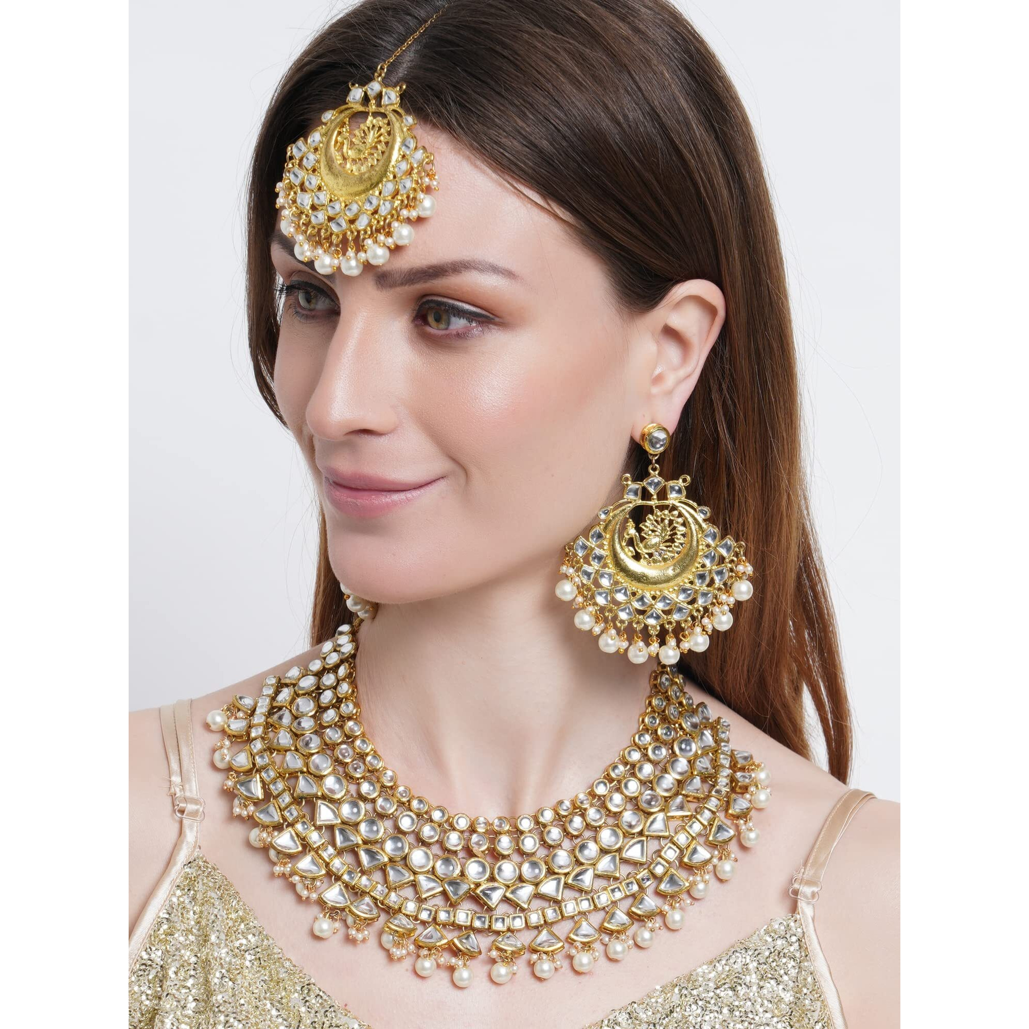 Karatcart Gold Plated Pearl Beads Kundan Bridal Necklace Set For Womens