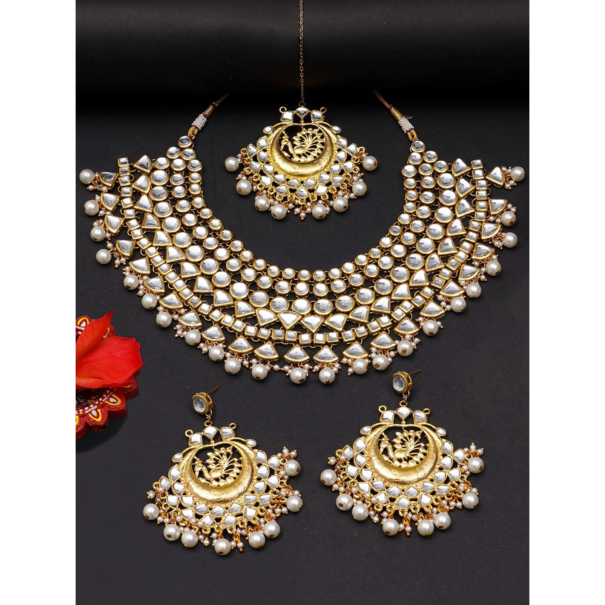 Karatcart Gold Plated Pearl Beads Kundan Bridal Necklace Set For Womens