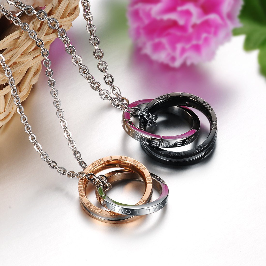 Peora His Her Titanium Steel Love Engraved Rings Couple Pendant Necklace Matching Set for Unisex Adult (Multi-Colour)