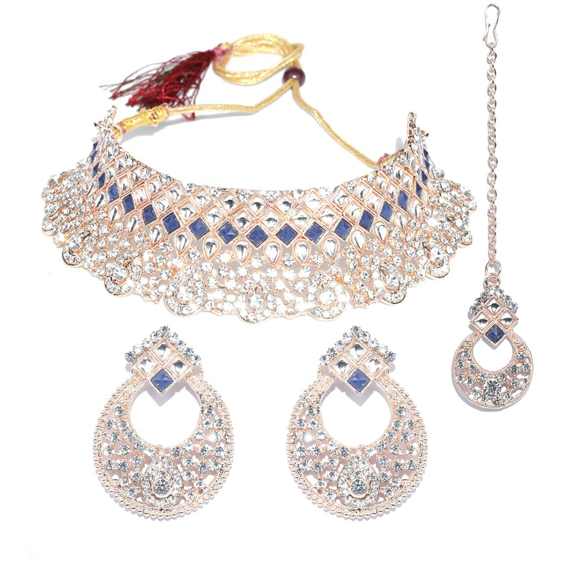 Priyaasi Blue Stone Jewellery Set for Women | Kundan Choker Set with Maangtikka and Earrings in Chandbali Design | Gold-Plated Traditional Jewellery Set for Women