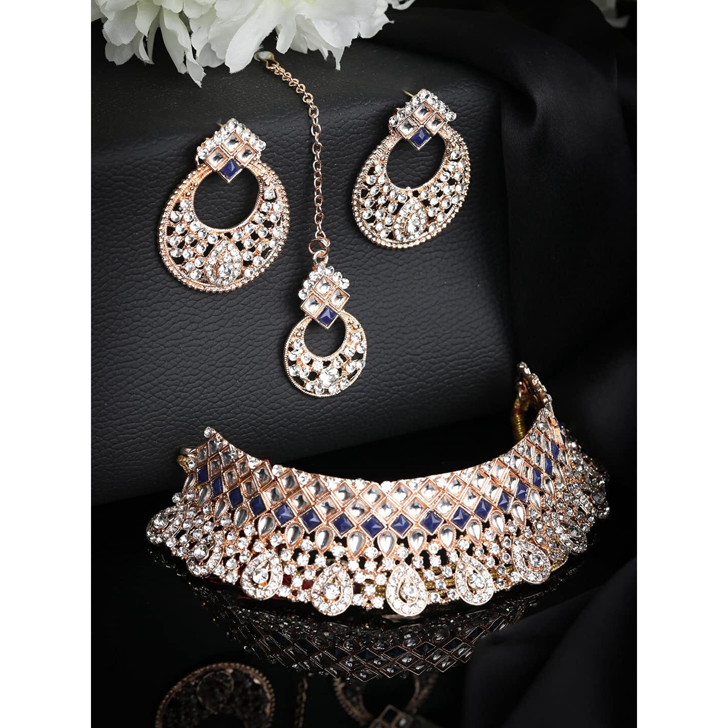 Priyaasi Blue Stone Jewellery Set for Women | Kundan Choker Set with Maangtikka and Earrings in Chandbali Design | Gold-Plated Traditional Jewellery Set for Women