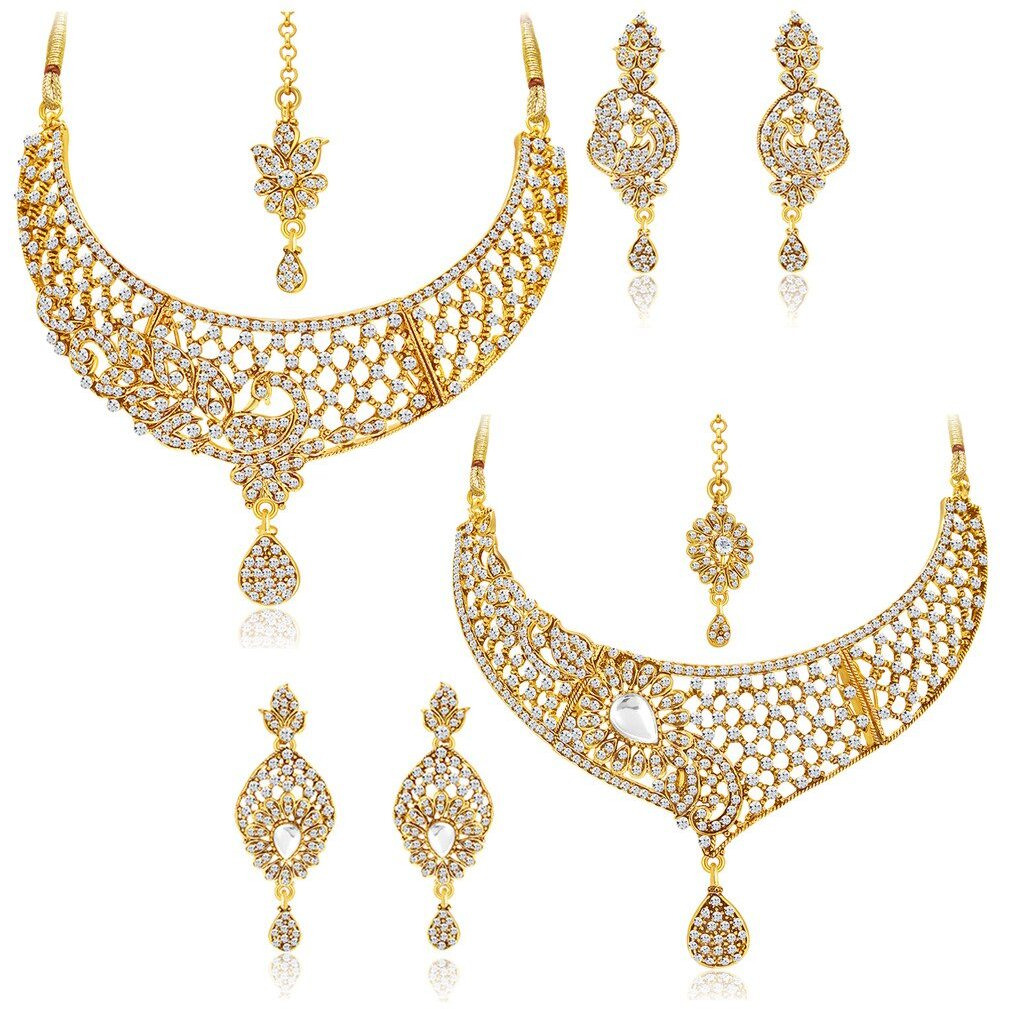 Sukkhi Excellent Gold Plated Wedding Jewellery Austrian Diamond Choker Necklace Set Combo For Women (383CB2100)