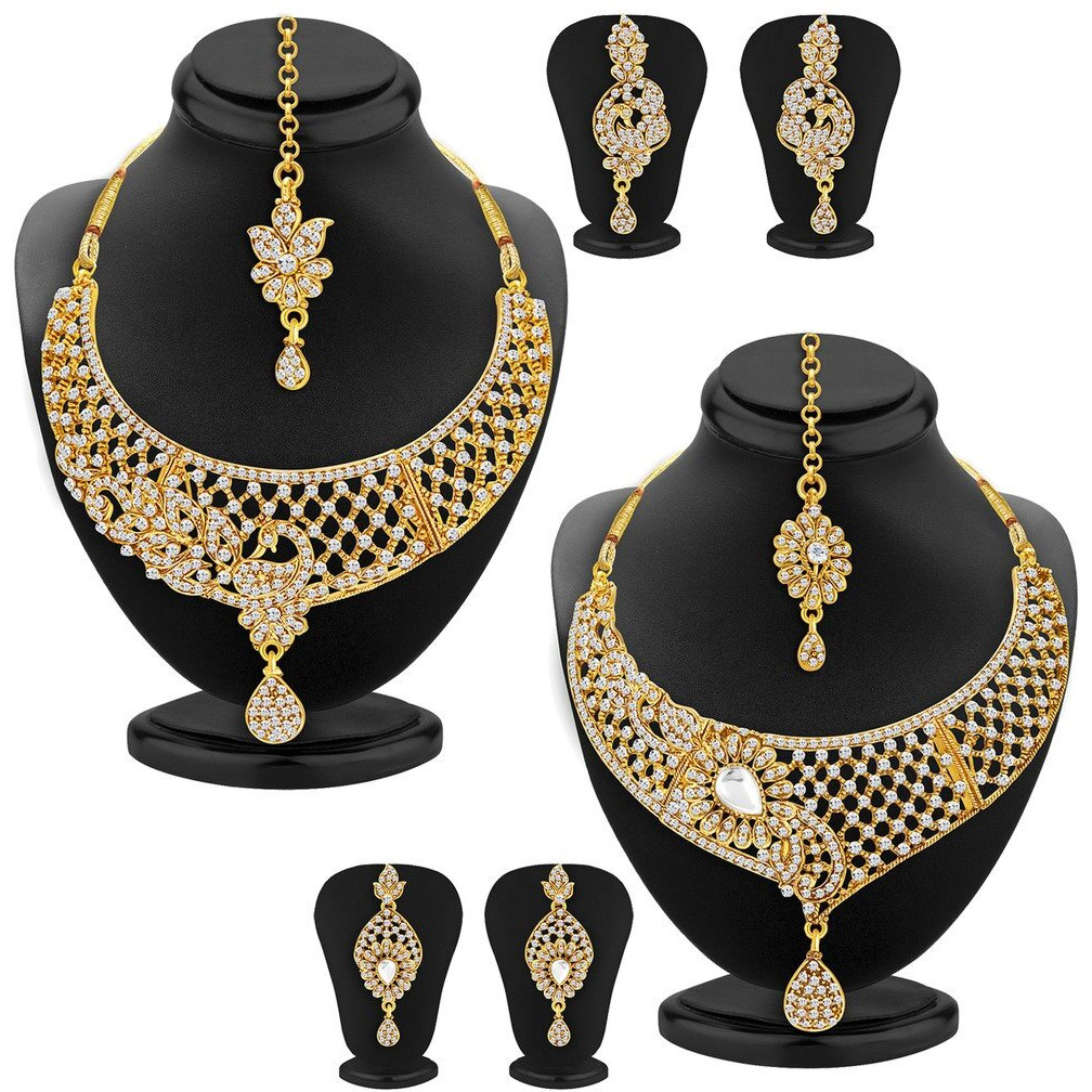 Sukkhi Excellent Gold Plated Wedding Jewellery Austrian Diamond Choker Necklace Set Combo For Women (383CB2100)